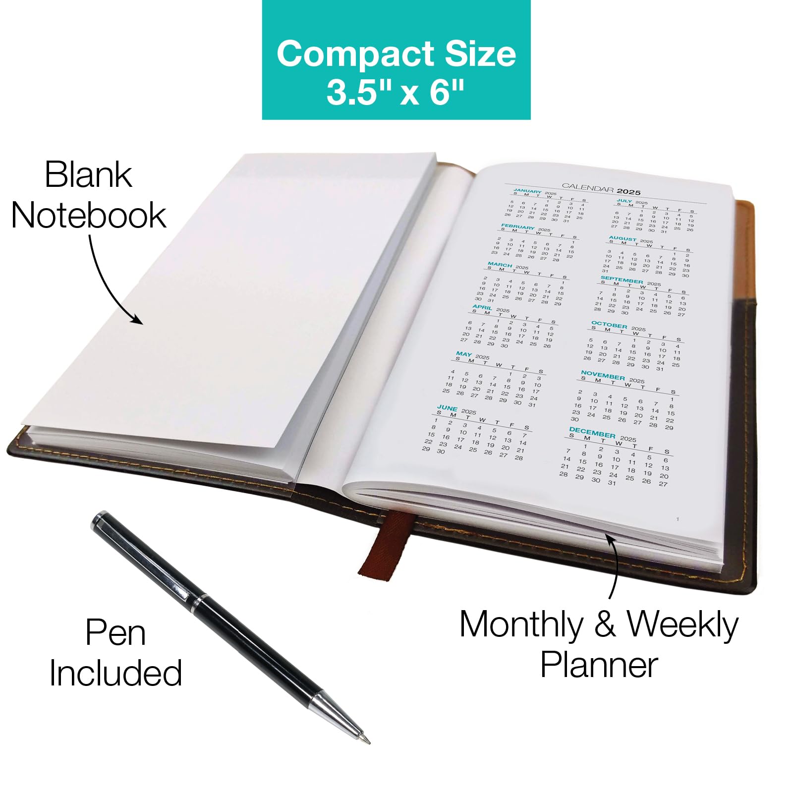 2025 Pocket Planner/Pocket Calendar and Pen, 3.5"x6": Includes 14 Months (November 2024 - December 2025) / 2025 Weekly Planner/Weekly Agenda/Monthly Calendar Organizer (Brown/Black)