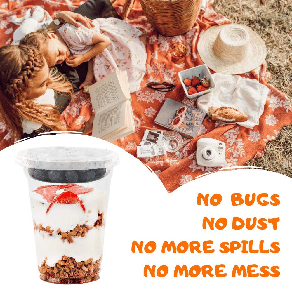 12 oz Clear Plastic Parfait Cups with Insert 3.25oz & Flat Lids No Hole - (50 Sets) Yogurt Fruit Parfait Cups for Kids, for Dips and Veggies, Take Away Breakfast and Snacks. No Leaking