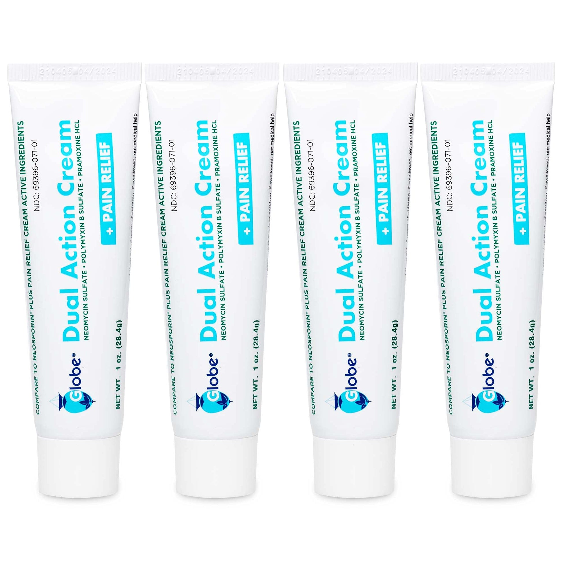 (4 Pack) Globe Dual Action First Aid Antibiotic Cream + Pain Relief, Neomycin, Polymyxin B, Pramoxine HCl, Soothes Painful Cuts, Burns and Scrapes, 24 Hour Infection Protection