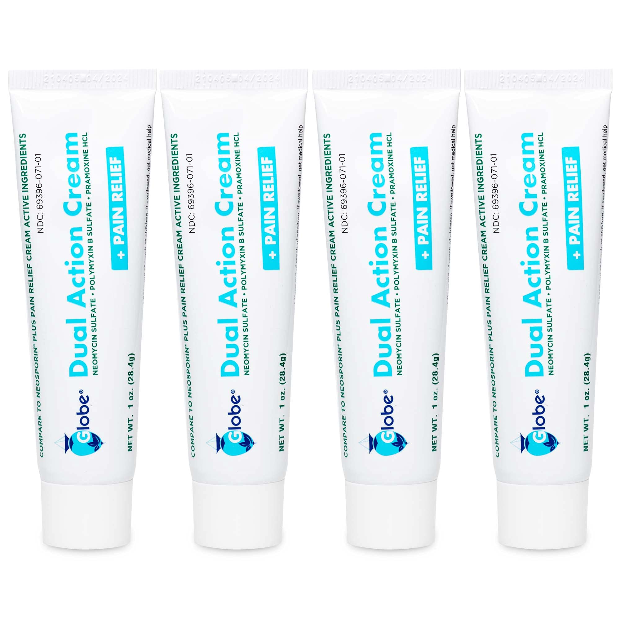 (4 Pack) Globe Dual Action First Aid Antibiotic Cream + Pain Relief, Neomycin, Polymyxin B, Pramoxine HCl, Soothes Painful Cuts, Burns and Scrapes, 24 Hour Infection Protection