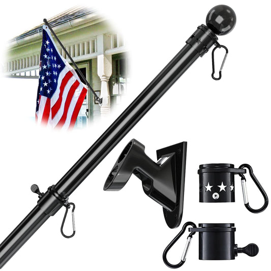 YeYeBest Flag Pole, 5 FT Flag Pole Kit for House, 2 No-Tangle Rings Clips, Flag Holder Bracket, Stainless Steel, Black