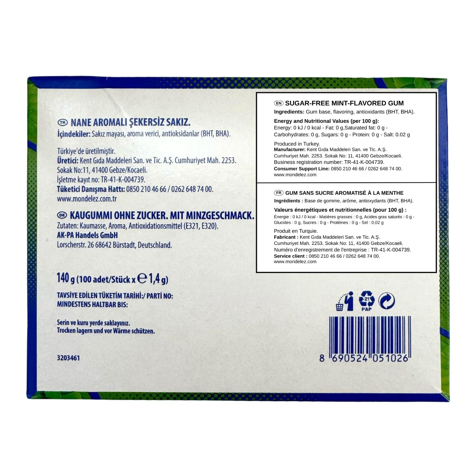 Falim Sugarless Plain Gum Individually Wrapped, Mint Flavored, 100 Piece