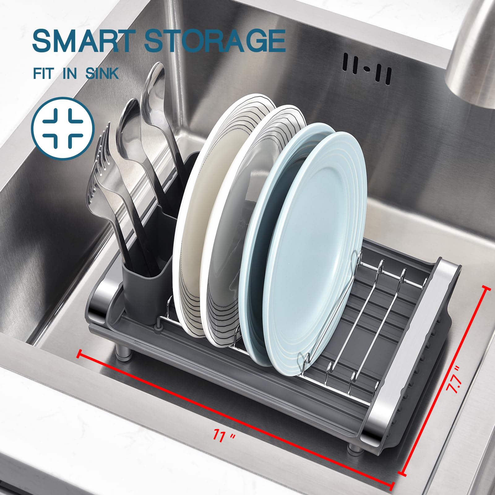 TOOLF Expandable Dish Rack, Compact Dish Drainer, Stainless Steel Dish Drying Rack with Removable Cutlery Holder, Anti Rust Plate Rack, Small Sink Drainer for Sink or Kitchen Countertop