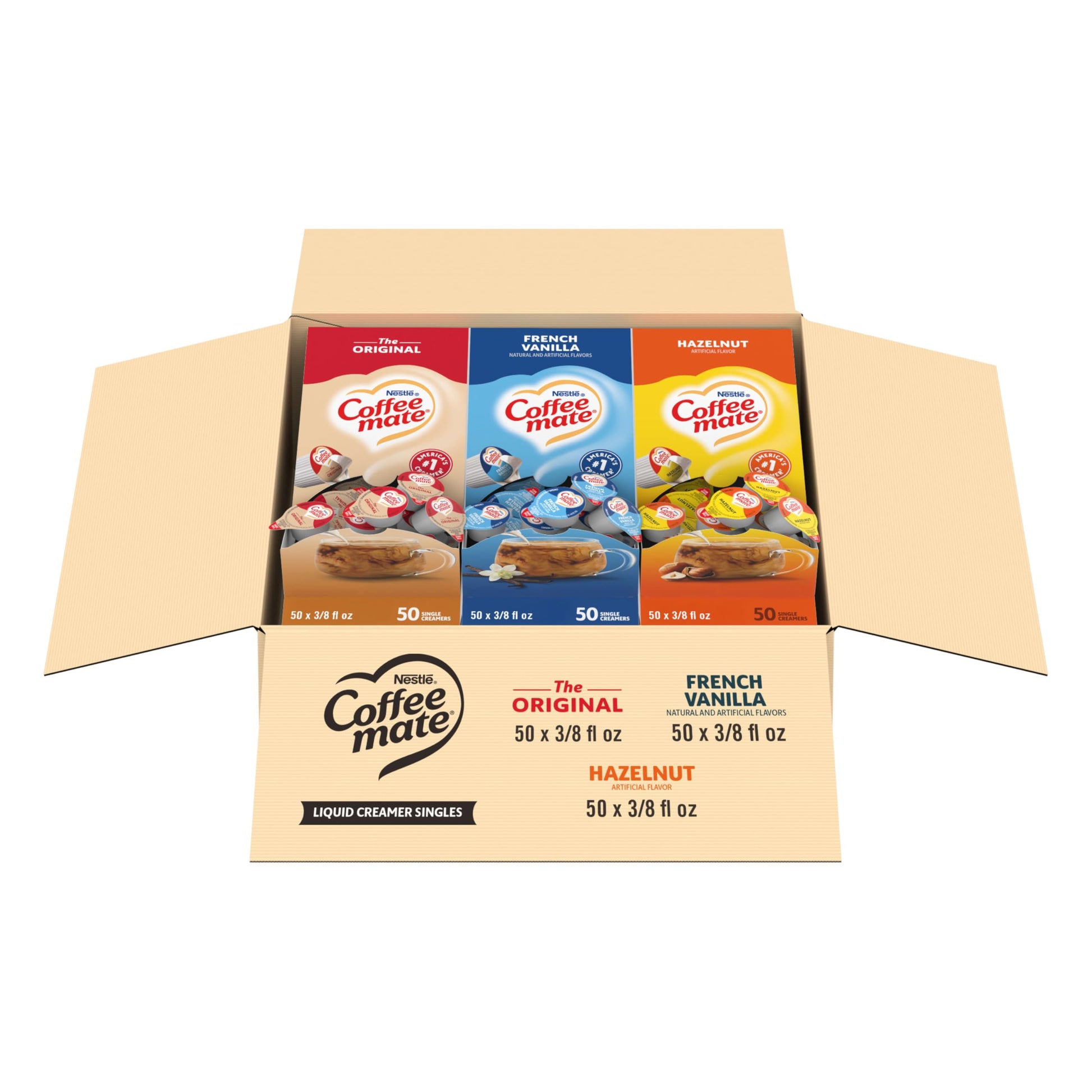Nestle Coffee mate Creamer Singles Variety Pack, Original, French Vanilla, Hazelnut, Non Dairy, No Refrigeration, 0.375 fl oz Tubs, 150 Count (Pack of 50 Per Flavor)