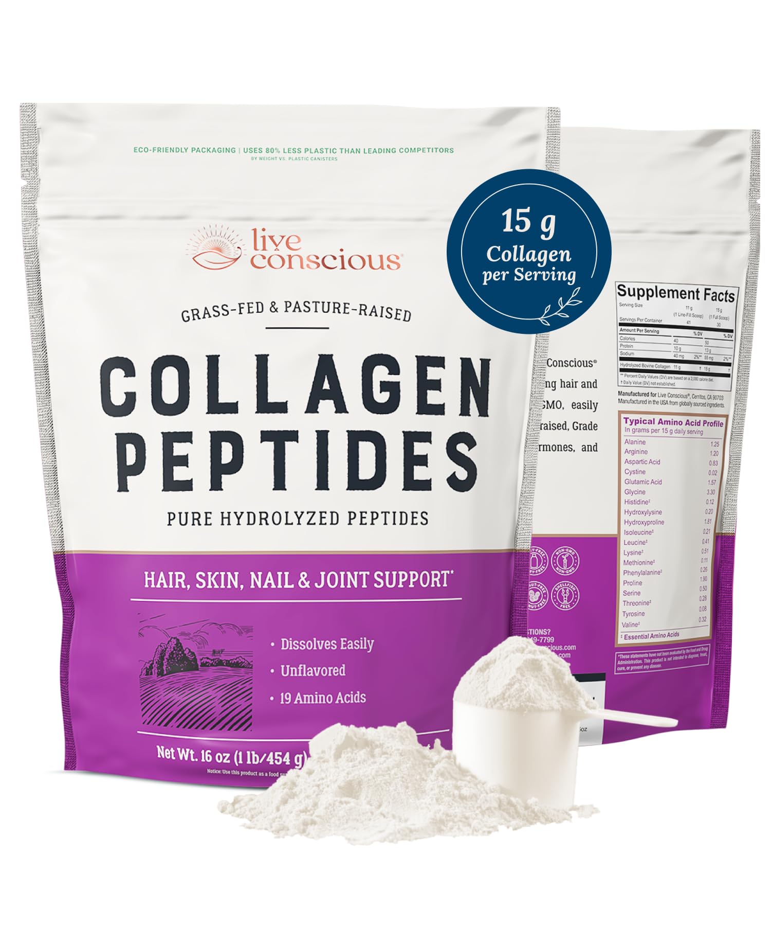 Live Conscious Collagen Peptides Powder - Naturally-Sourced Hydrolyzed Collagen Powder - Hair, Skin, Nail, and Joint Support - Type I & III Grass-Fed Collagen Supplements for Women and Men - 16oz