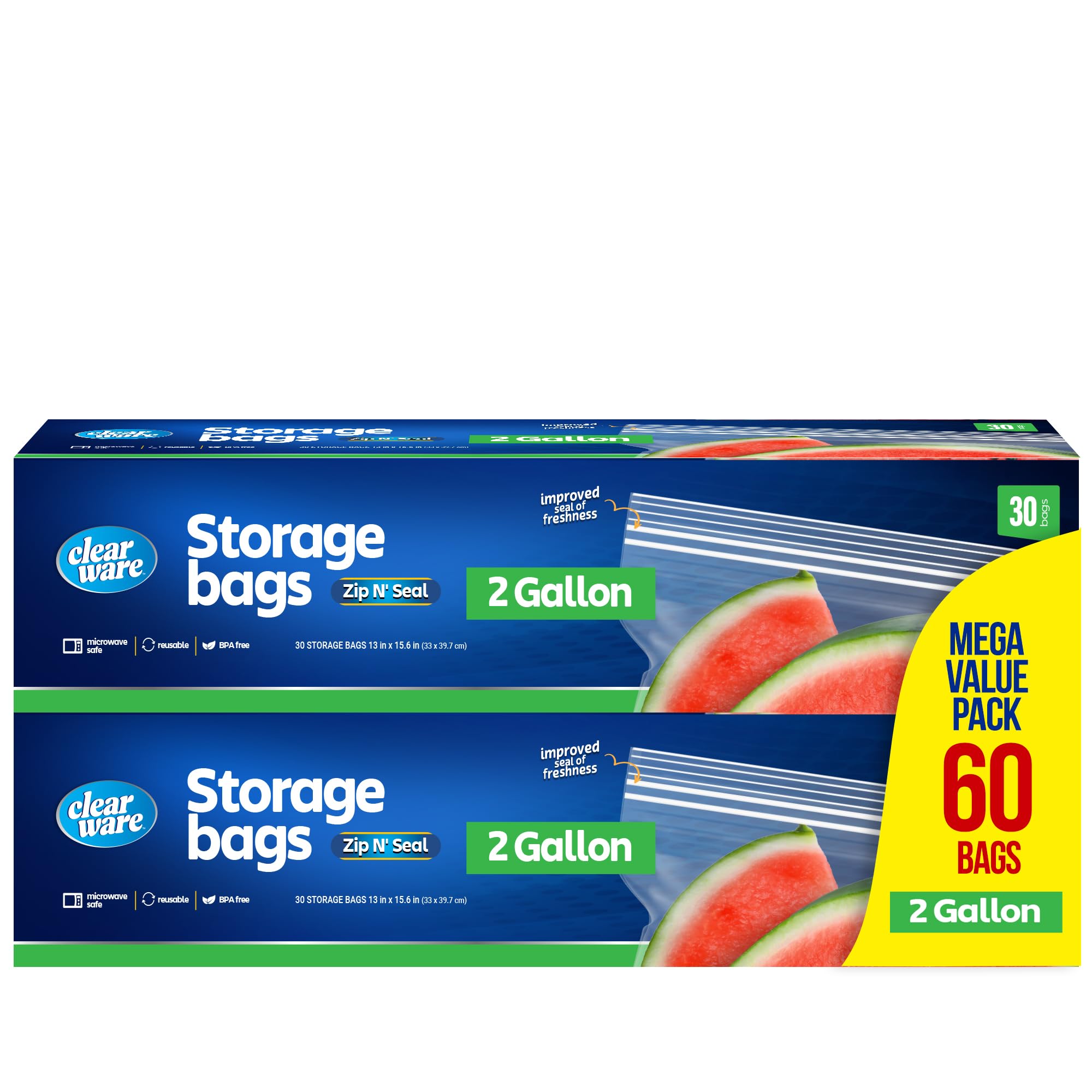 2 Gallon Storage Bags, Double Zipper Seal - 60 Count, Resealable Thick Plastic Food Storage Bags - Microwave-Safe, Zero BPA - Resealable Containers for Lunch, Snacks, Meals - 2 Boxes