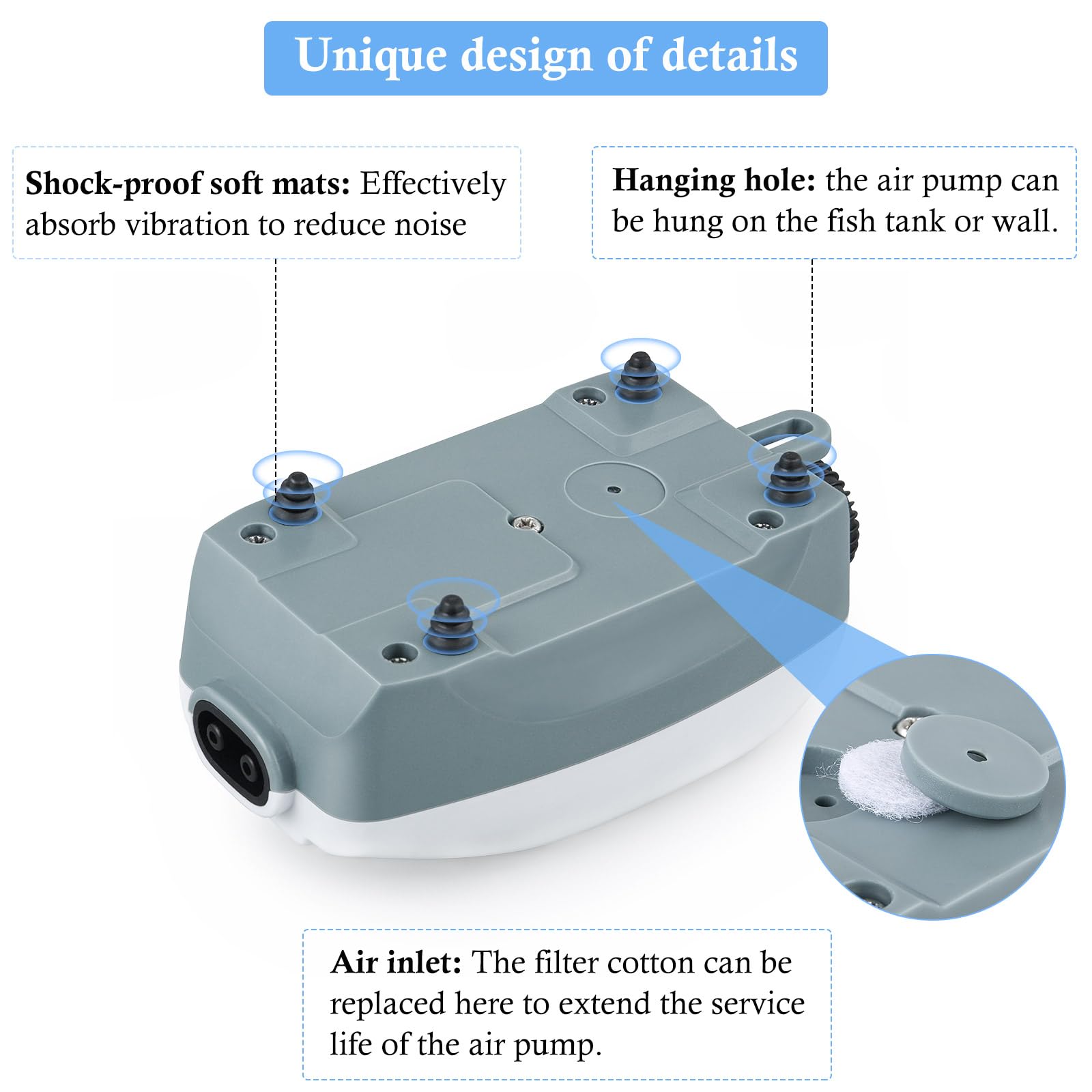 HITOP Dual Outlet Aquarium Electric Air Pump, Whisper Adjustable Fish Tank Aerator, Quiet Oxygen Pump with Accessories for 20 to 100 Gallon