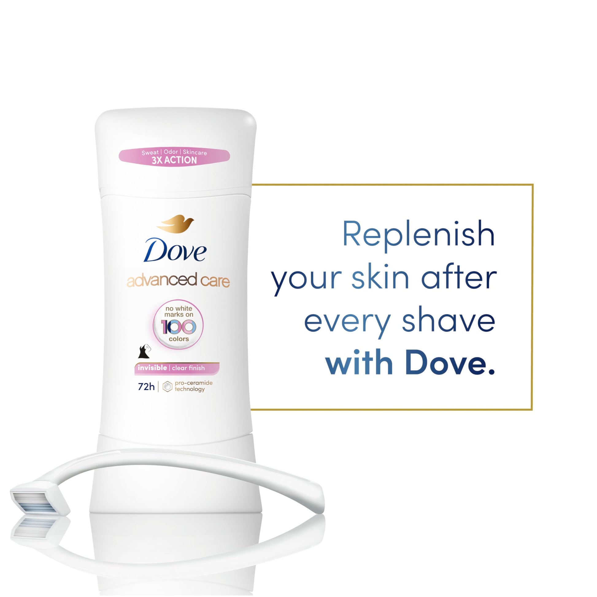 Dove Advanced Care Antiperspirant Deodorant Stick for Soft, Resilient Skin, Clear Finish with No White Marks and 72-Hour Sweat & Odor Protection, 2.6 oz