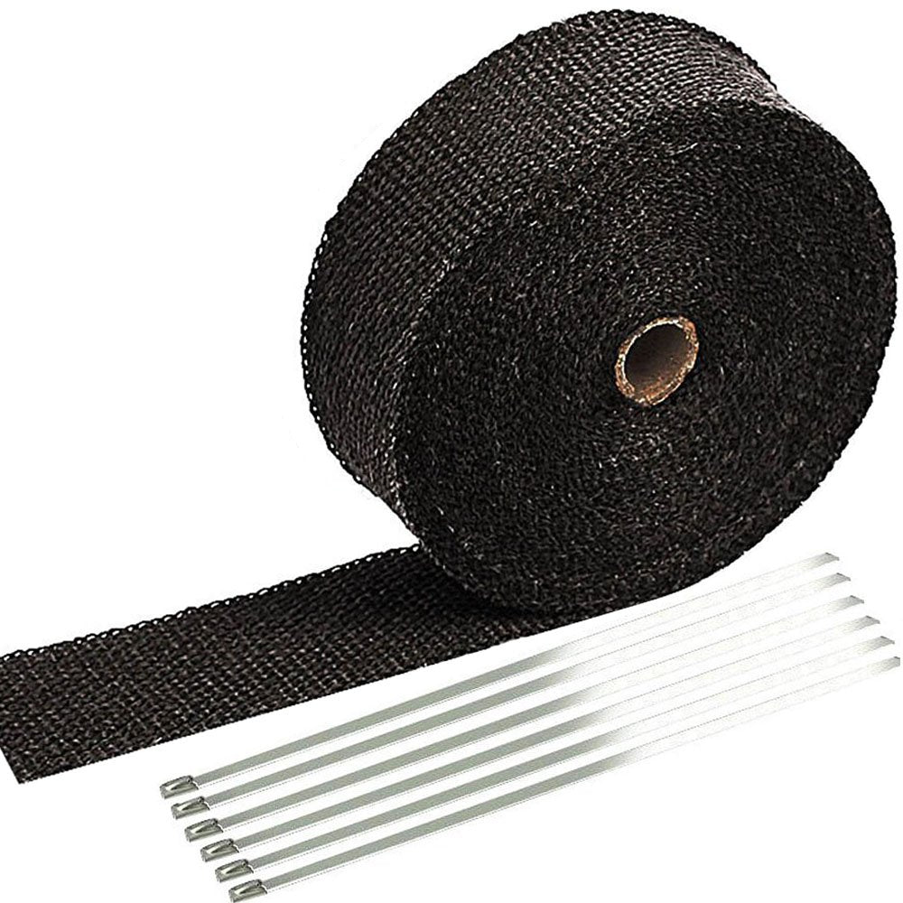 SunplusTrade 2" x 50' schwarzes Auspuffhitzeschutzband für Motorrad, Fiberglas Hitzeschutzband mit Edelstahlbindern
