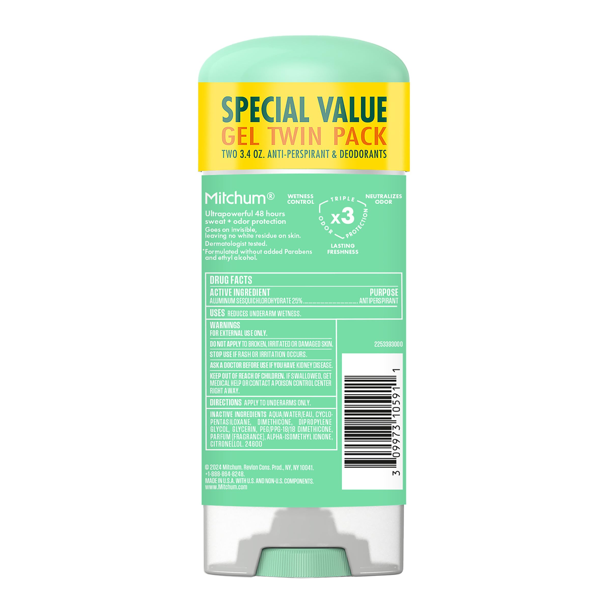 Mitchum Women’s Antiperspirant Deodorant Gel Stick, Shower Fresh Scent, 48HR Sweat & Odor Protection, Triple Odor Defense, Alcohol-Free, 3.4 oz (Pack of 2)