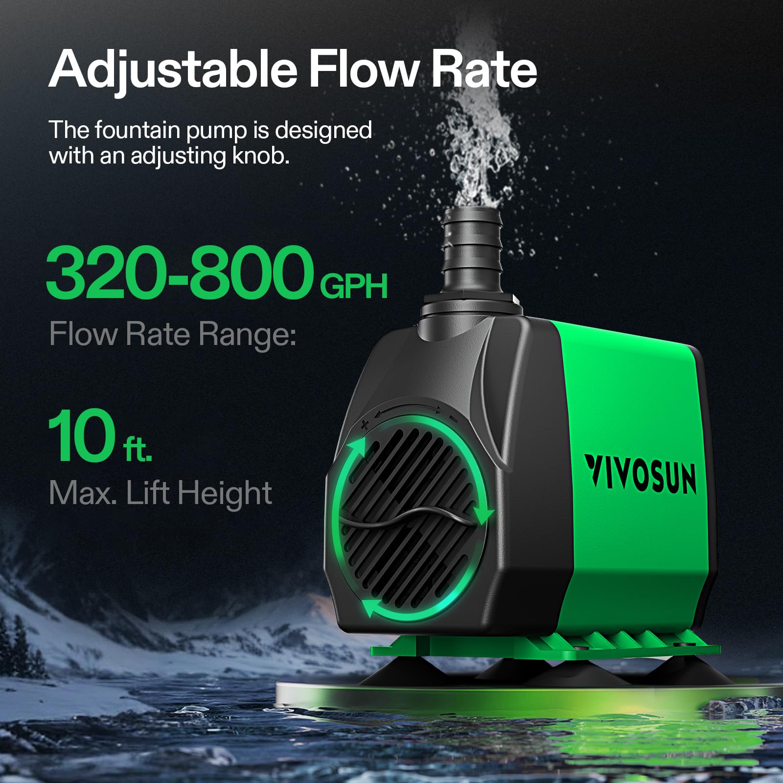 VIVOSUN 800GPH Submersible Pump(3000L/H, 24W), Ultra Quiet Water Fountain Pump with 10ft. High Lift with 6.5ft. Power Cord, 3 Nozzles for Fish Tank, Pond, Aquarium, Statuary, Hydroponics Green
