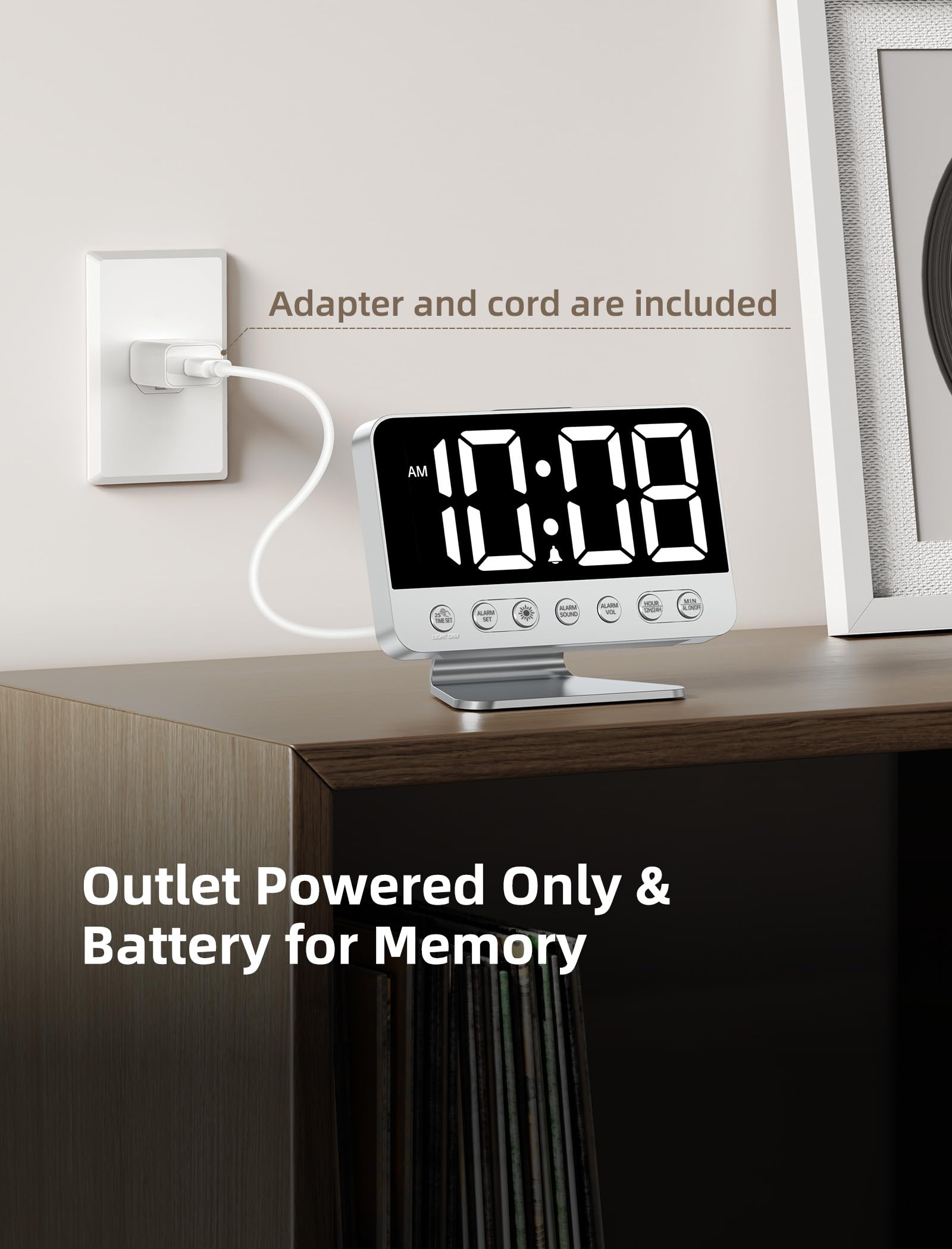 Odokee Digital Alarm Clocks for Bedrooms: Large Bold Number 5 Brightness Dimmer - Easy to Read Across The Room - 5 Alarm Sound 8 Night Light - Silver