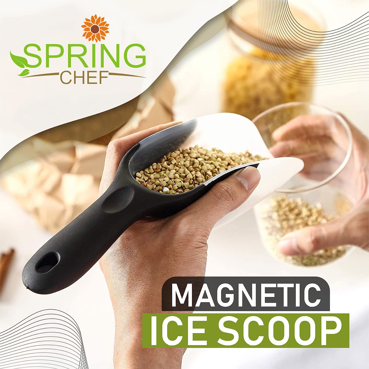 Spring Chef Magnetic Ice Scoop for Freezer - BPA-Free Flexi-Plastic Popcorn Scoop with Soft Grip Handle - Dishwasher Safe Ice Scooper - Kitchen Food Scooper for Flour, Grains, Candy, Pet Food - Black