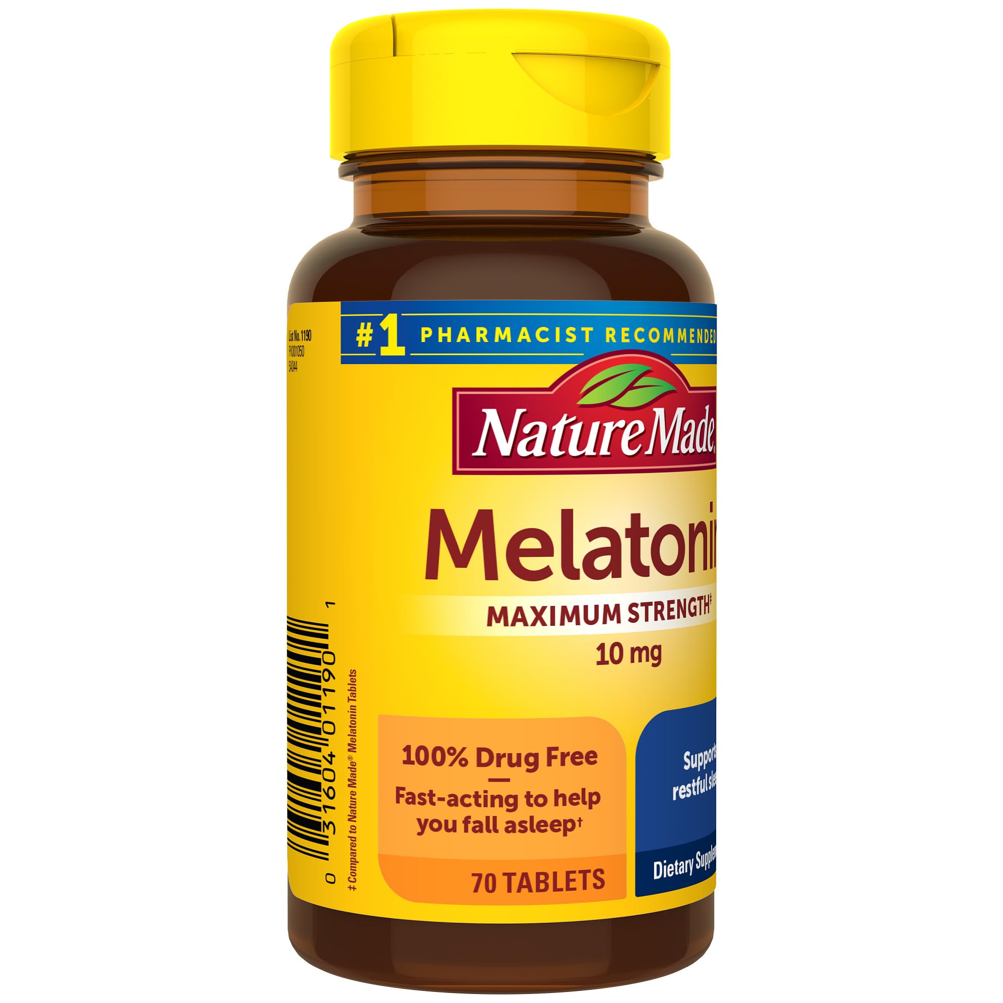 Nature Made Melatonin 10mg Maximum Strength Tablets, 100% Drug Free Sleep Aid for Adults, Melatonin for Adults, 70 Count, 70 Day Supply