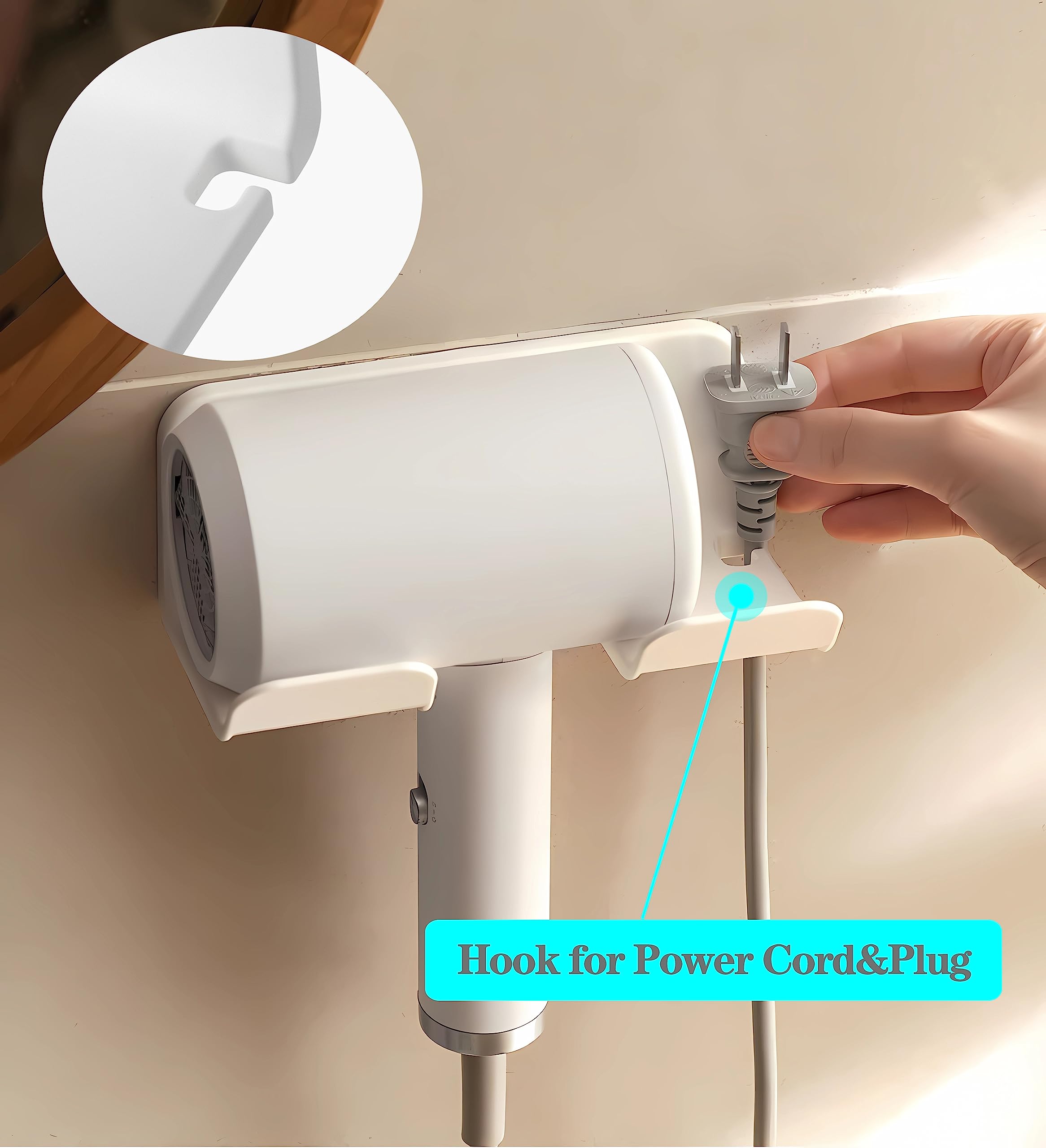SUPTEC Universal Hair Dryer Holder, Blow Dryer Hanger Wall Mount for Hair Dryer Hook with Plug&Cord Organizer Self Adhesive for Cabinet Bathroom(1 Pack White)