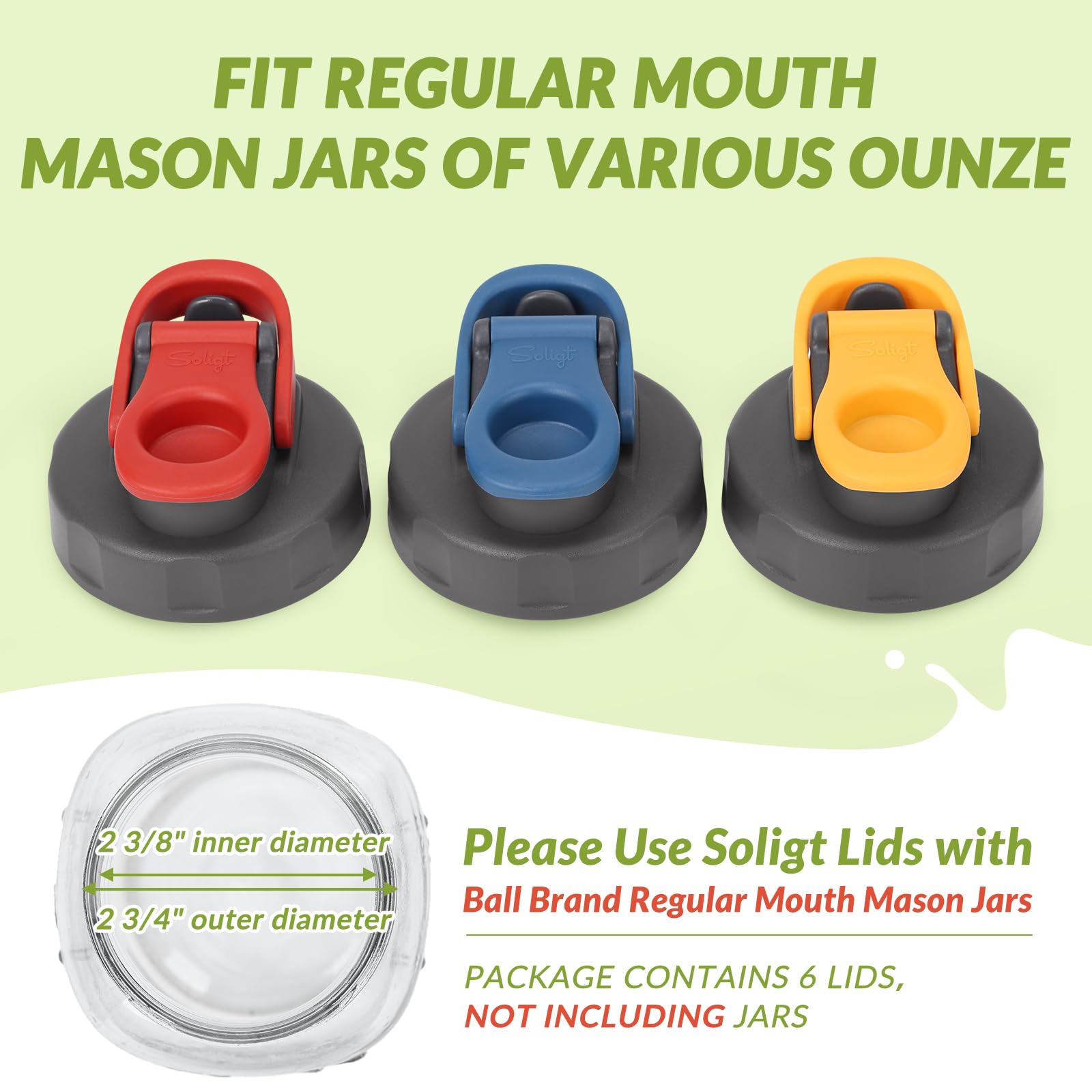 Soligt 6 Pack Mason Jar Lids, Regular Mouth Pour Spout Flip Cap Lids for Ball Brand Mason Jars, Leak Proof Airtight for Drinking Salad Dressing & Food Storing