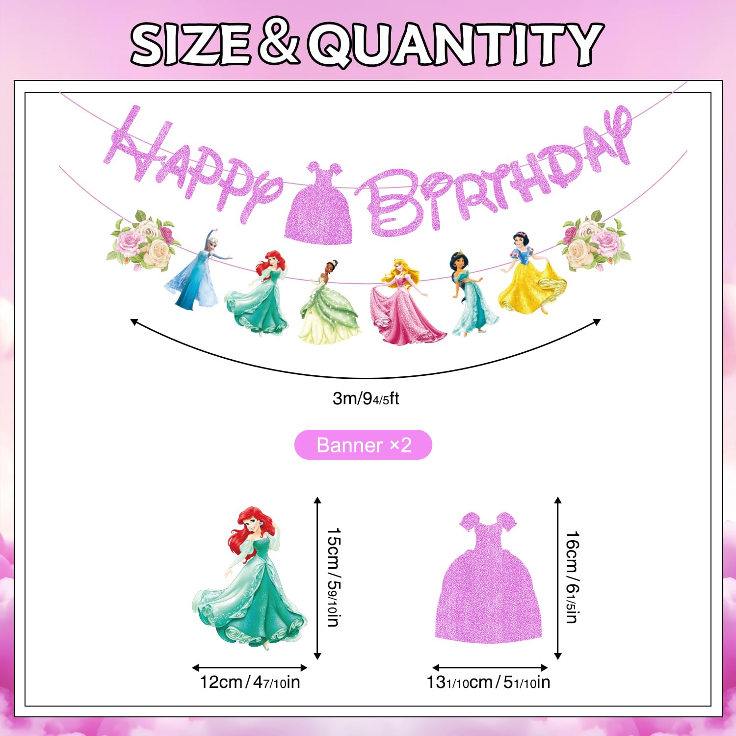Princess Birthday Party Decorations Include 1pc Glitter Happy Birthday Banner,1pc Princess Banner and 14pcs Cute Hanging Swirls for Girls, Pre-Assembled Party Decorations