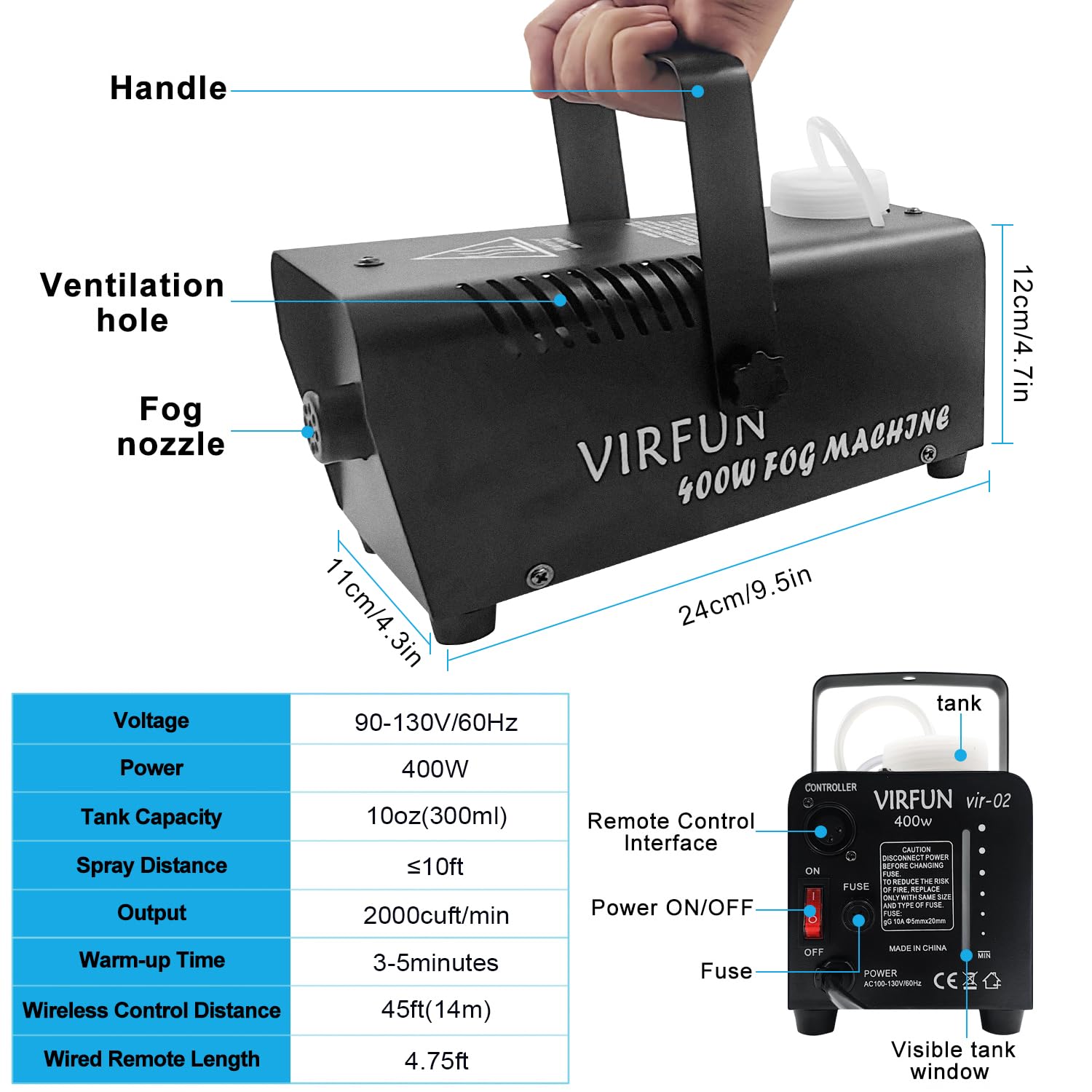 VIRFUN Fog Machine, Smoke Machine with Wireless&Wired Remote Control for Parties Halloween Wedding and Stage Effect, 400W