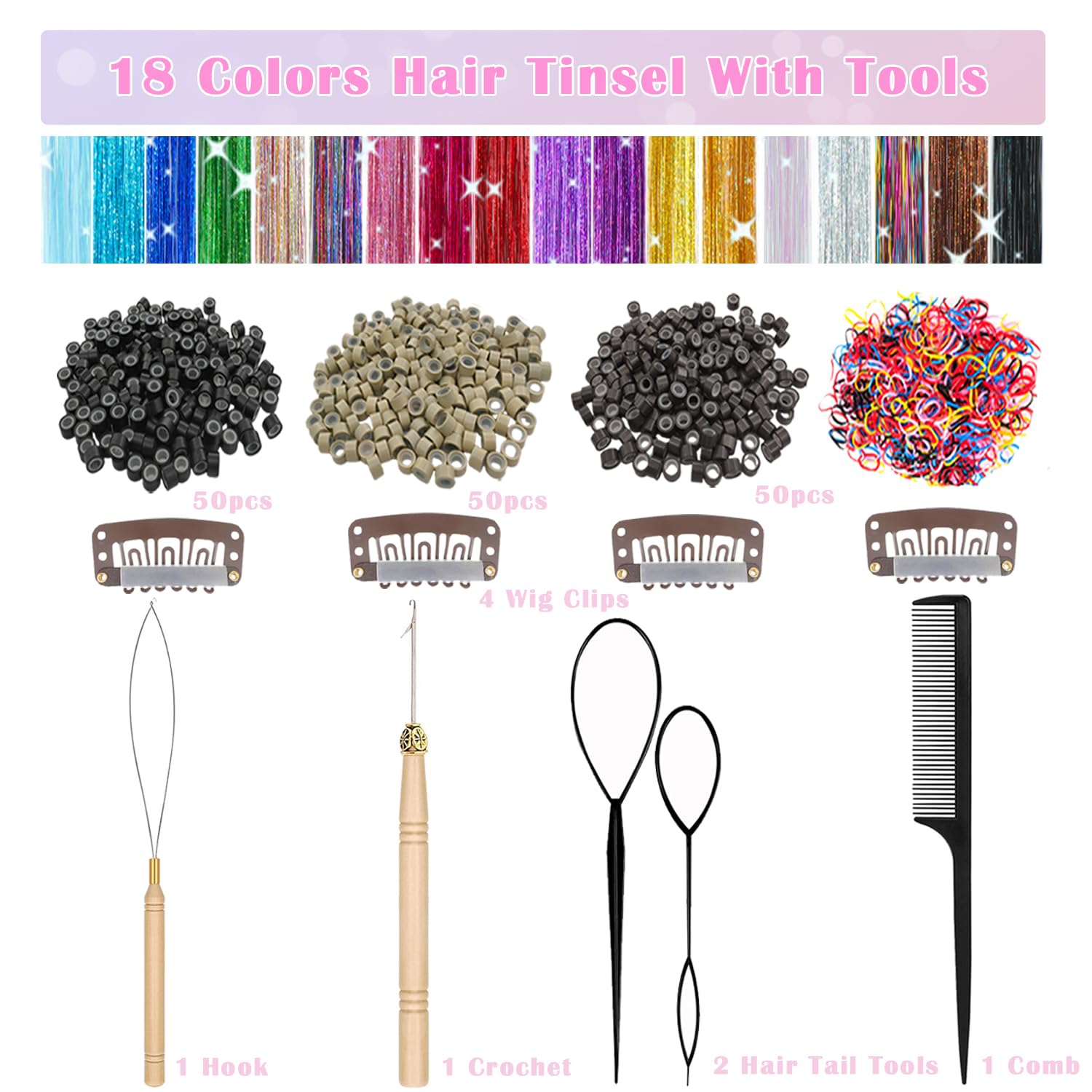 Aokomisu Hair Tinsel, 18 Colors 7800 Strands 48 Inch Glitter Tinsel Hair Extensions Kit Heat Resistant Daily Use Festivals Shiny Fairy Hair Accessories for Girls Kids Women (18 Colors)