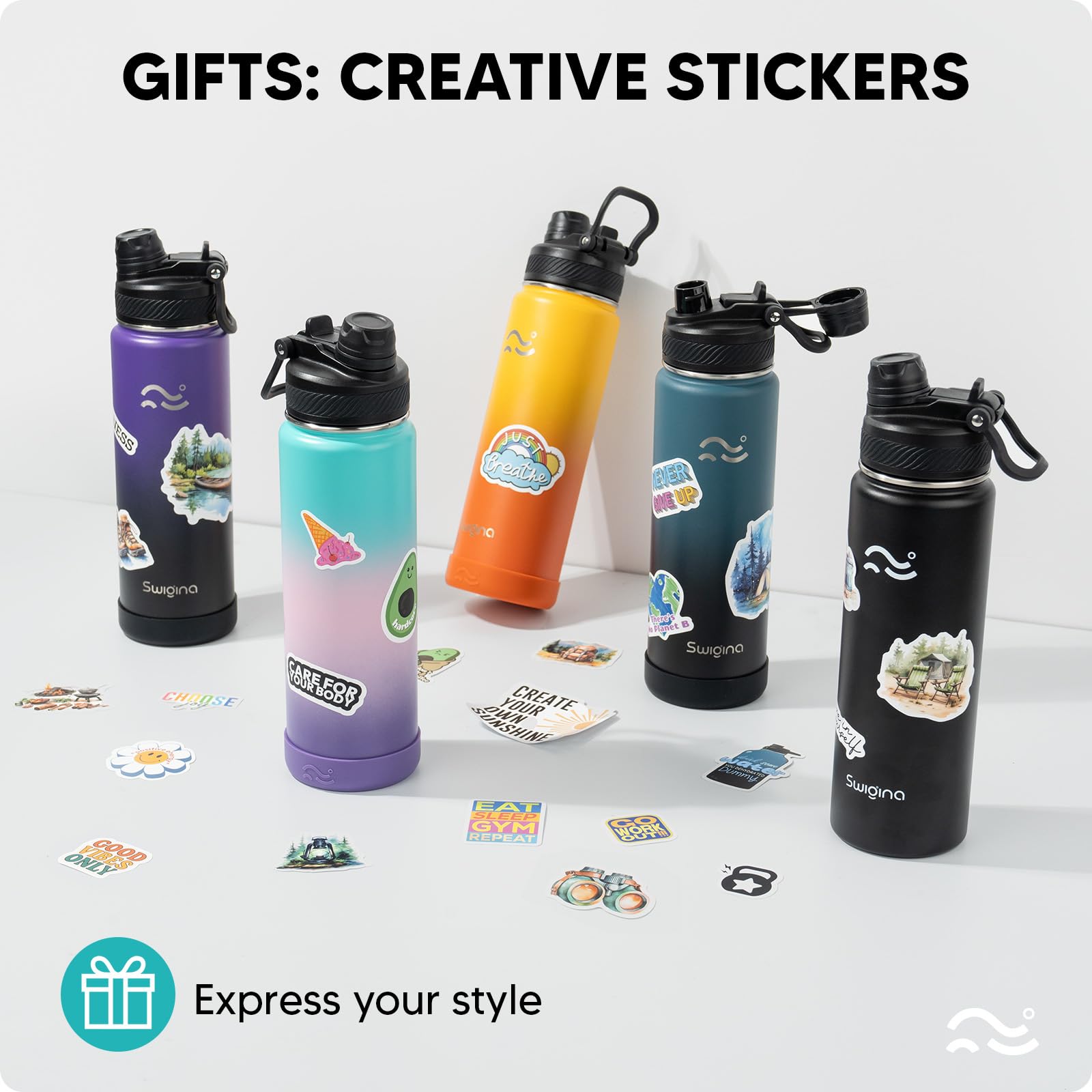 Swigina [2-IN-1 LID] Insulated Water Bottle with Silicone Boot (36hrs Cold/18hrs Hot) - DIY Stickers, Leakproof, BPA Free, 24 oz