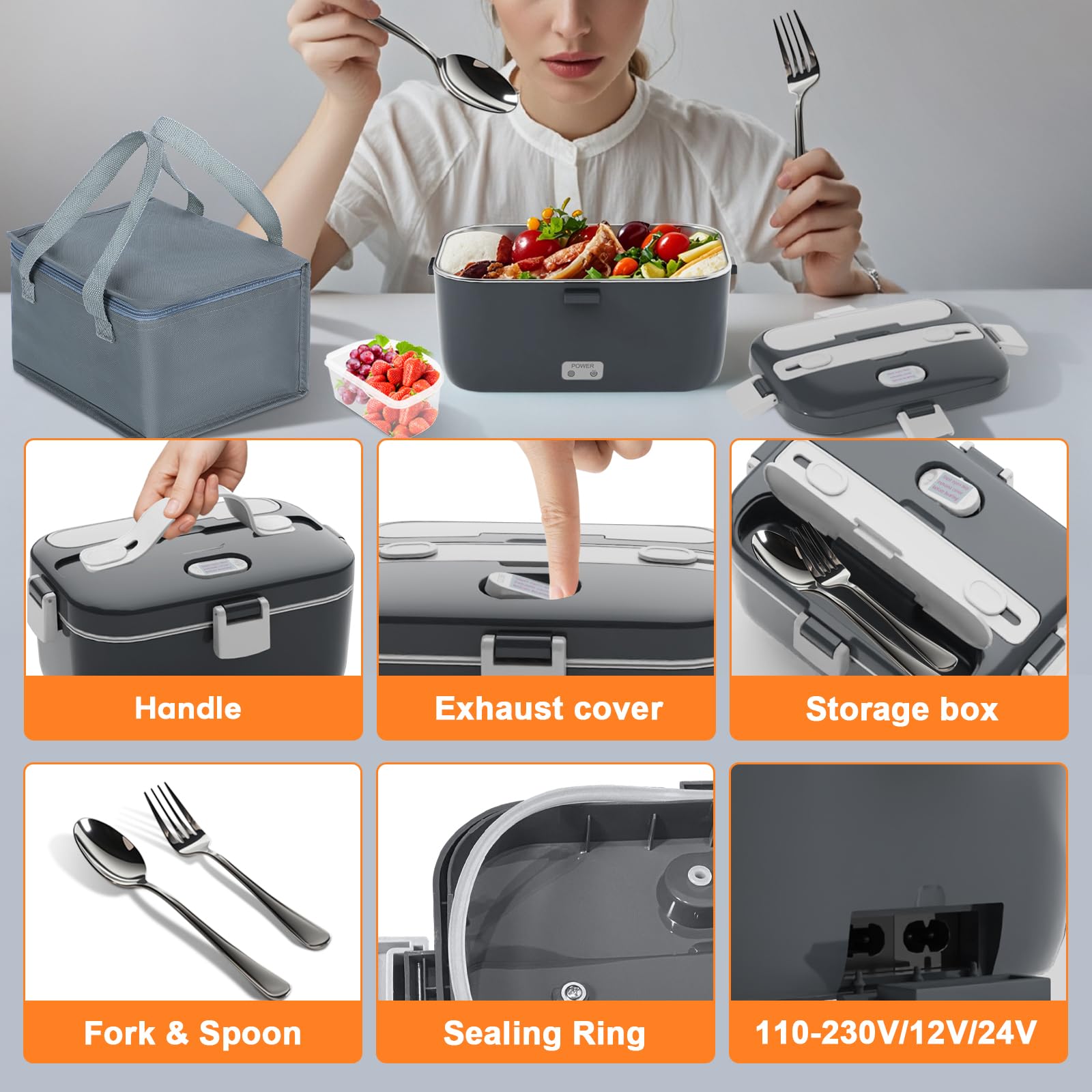 DUPASU Electric Lunch Box Food Warmer: 100W Heated Lunch Box for Adults, 1.8L Portable Fast Heating Lunchbox Food Heater for Car, Truck, Work, Travel, Lonchera Elctrica Porttil 12/24V/110-230V
