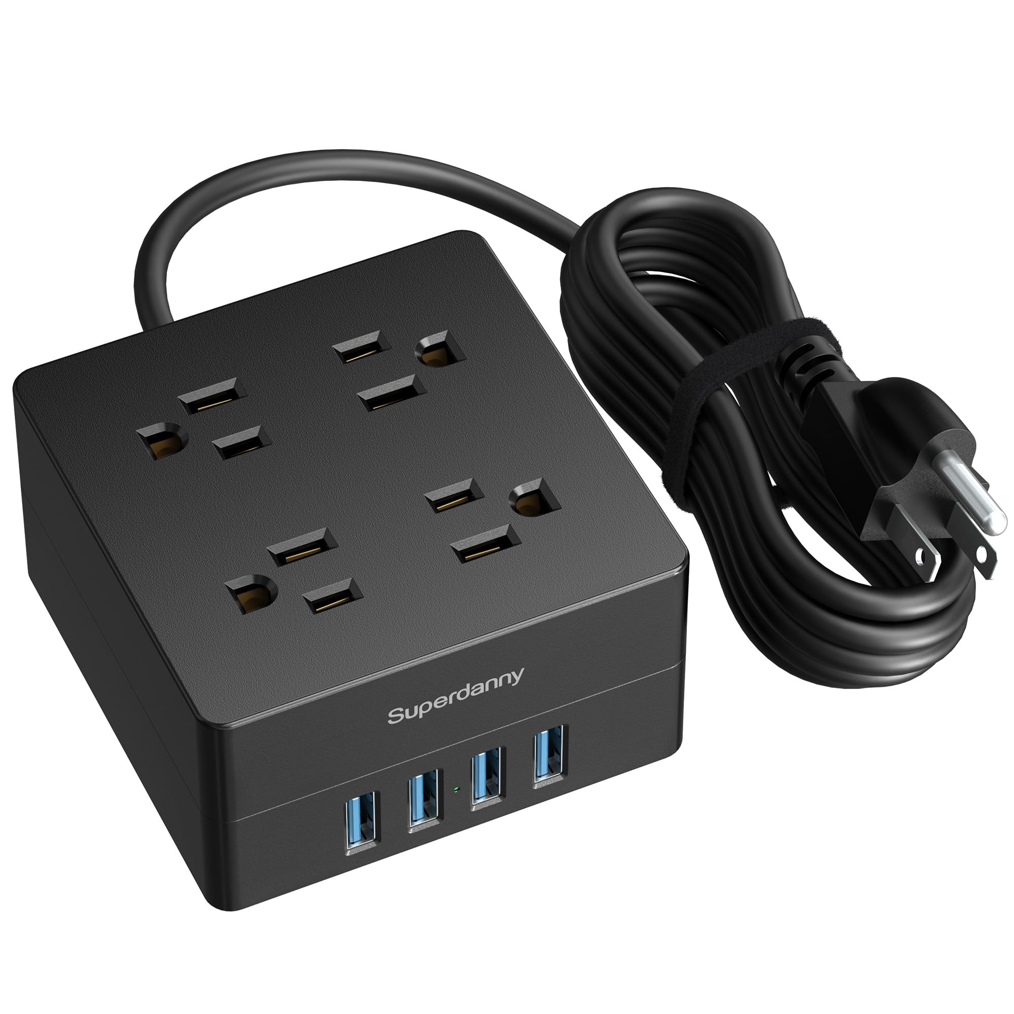 5ft Power Strip, SUPERDANNY Surge Protector 900 Joules, 4-Outlet 4-USB Extension Cord, Overload Switch, Grounded, Mountable, Desktop Charging Station for Home, Office, School, Dorm, Computer, Black