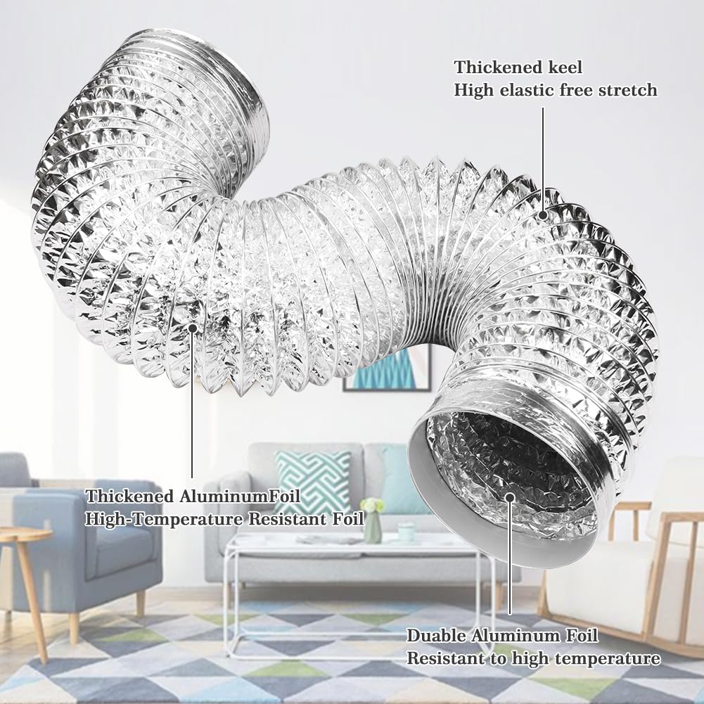 Omont Dryer Vent Hose 4 Inch 5FT Flexible Dryer Ducting Tube Air Duct Aluminum Insulated Flex Hose Kit Indoor Outdoor