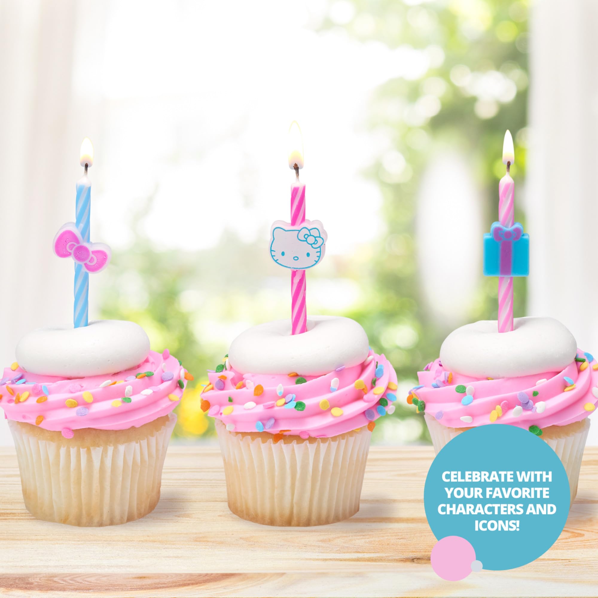 Hello Kitty® Birthday Cake Candles | 6 Birthday Candles for Cake Decorations, Pink & Blue Striped Candles, Cupcake Toppers for Hello Kitty® Party