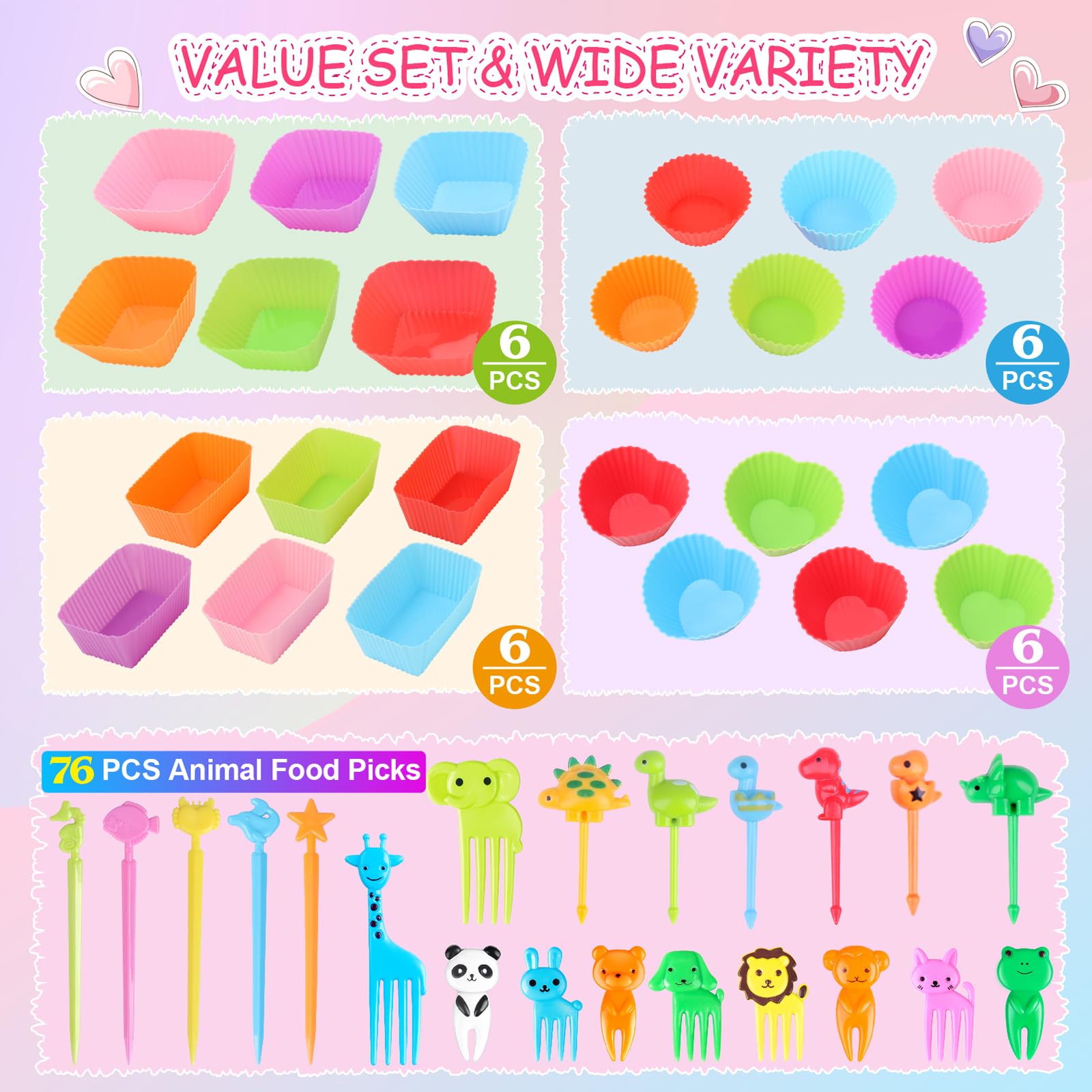 100PCS Silicone Lunch Box Dividers for Kids Lunch Accessories Set, Including 24 Reusable Silicone Cupcake Liners Baking Muffin Cups with 76 Animal Food Picks for Kids, Lunchbox Bento Box Accessories