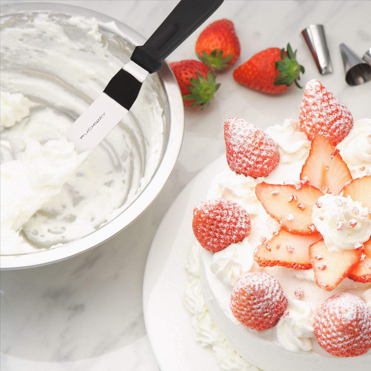 PUCKWAY Angled Icing Spatula, Stainless Steel Offset Spatula, Cake Spatula Set of 2 Black 6, 8 inch Blade