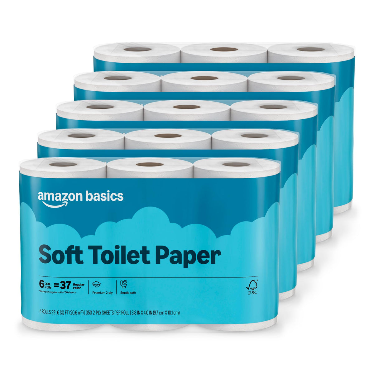 Amazon Basics Weiches Toilettenpapier, 2-lagig, 30 Rollen (5 Packungen à 6 Rollen), Entspricht 185 Standardrollen, Verpackung Kann Variieren