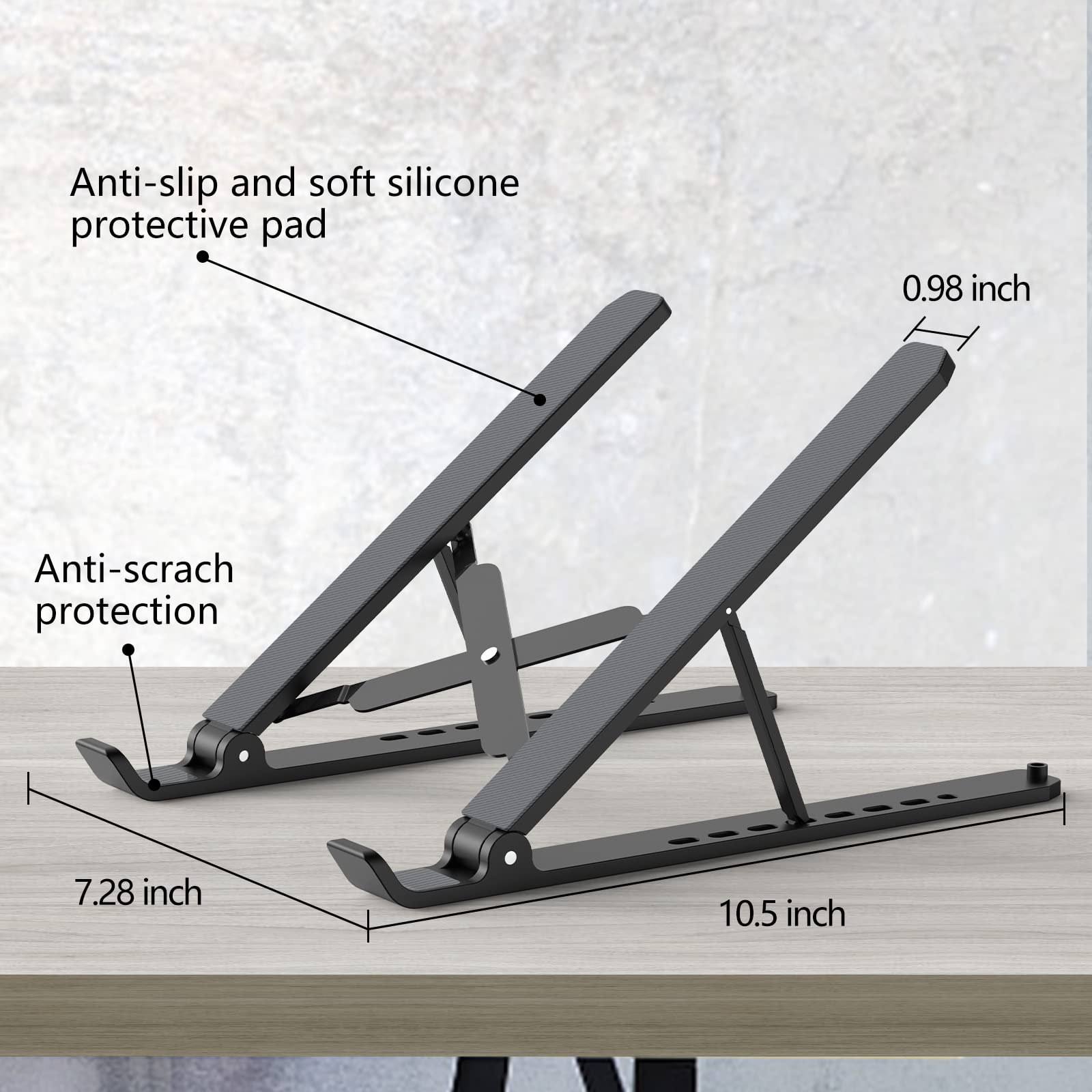 Tonmom Laptop Stand for Desk, Adjustable Laptop Riser ABS+Silicone Foldable Portable Notebook Holder, Ventilated Cooling Notebook Mount Computer Stand for 10-15.6” Laptops,Tablets-Black