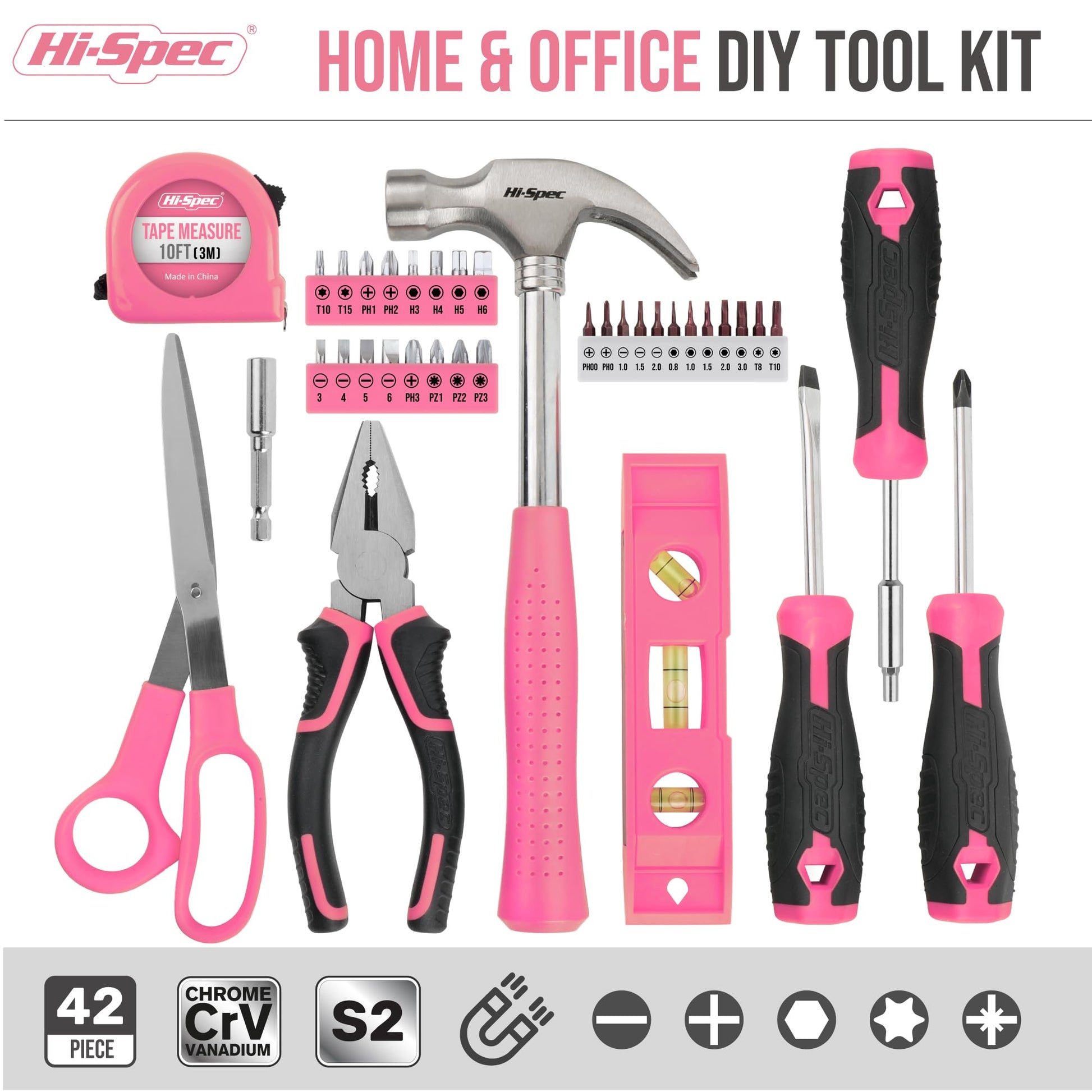 Hi-Spec 42pc Small Tool Box Set for Women. Home, Office and College Dorm Household DIY Screwdriver Toolkit of Starter Basic Ladies Pink Tools