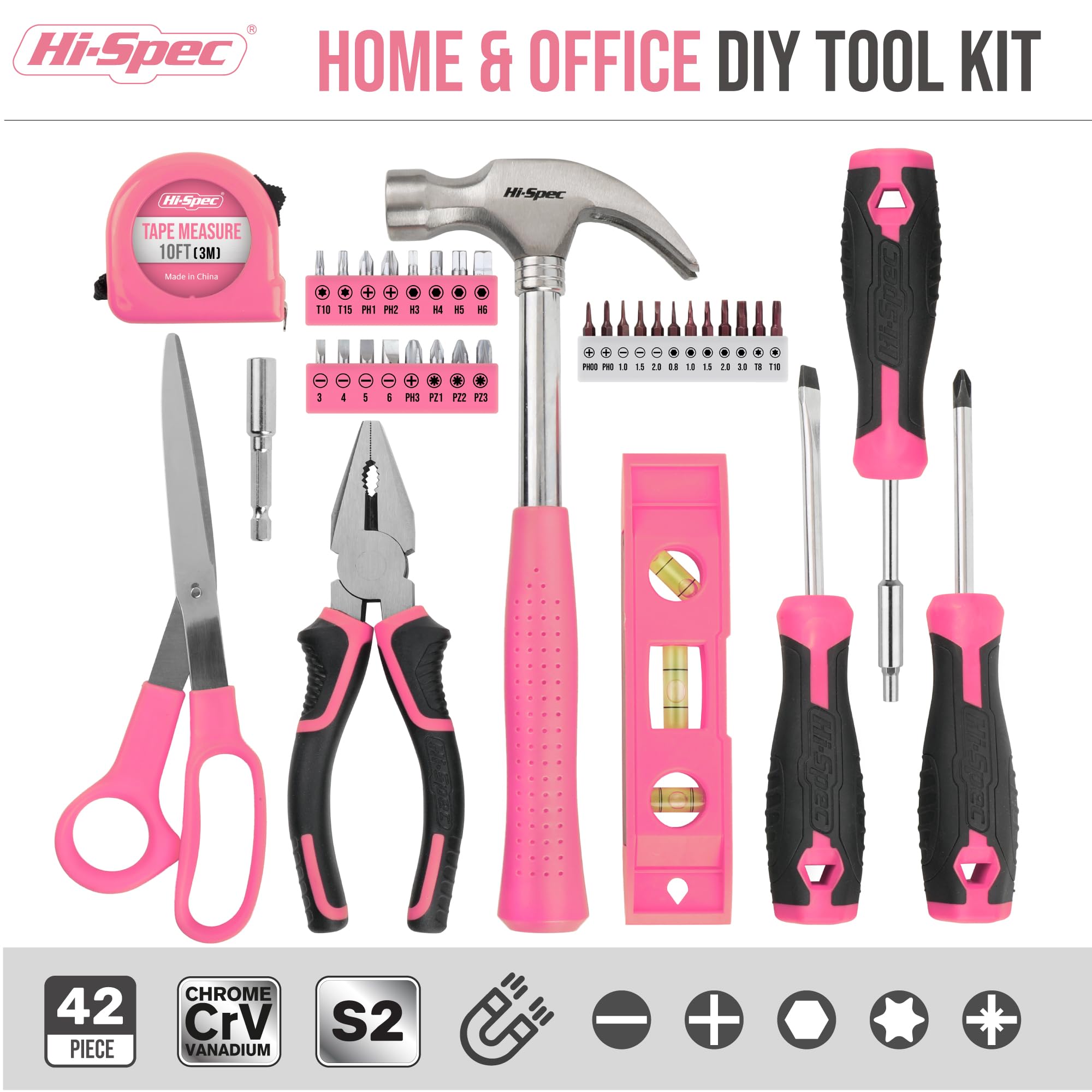 Hi-Spec 42pc Small Tool Box Set for Women. Home, Office and College Dorm Household DIY Screwdriver Toolkit of Starter Basic Ladies Pink Tools
