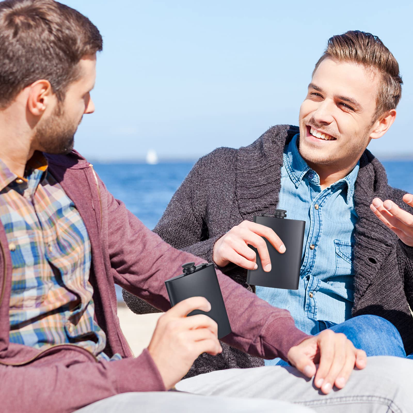 ROMORC 2 Pack Hip Flasks for Liquor Matte Black 8 Oz Stainless Steel Leak-proof Thin Flasks with 2pcs Funnels and Cups for Wedding Party, Groomsman, Bridesmaid, Gift