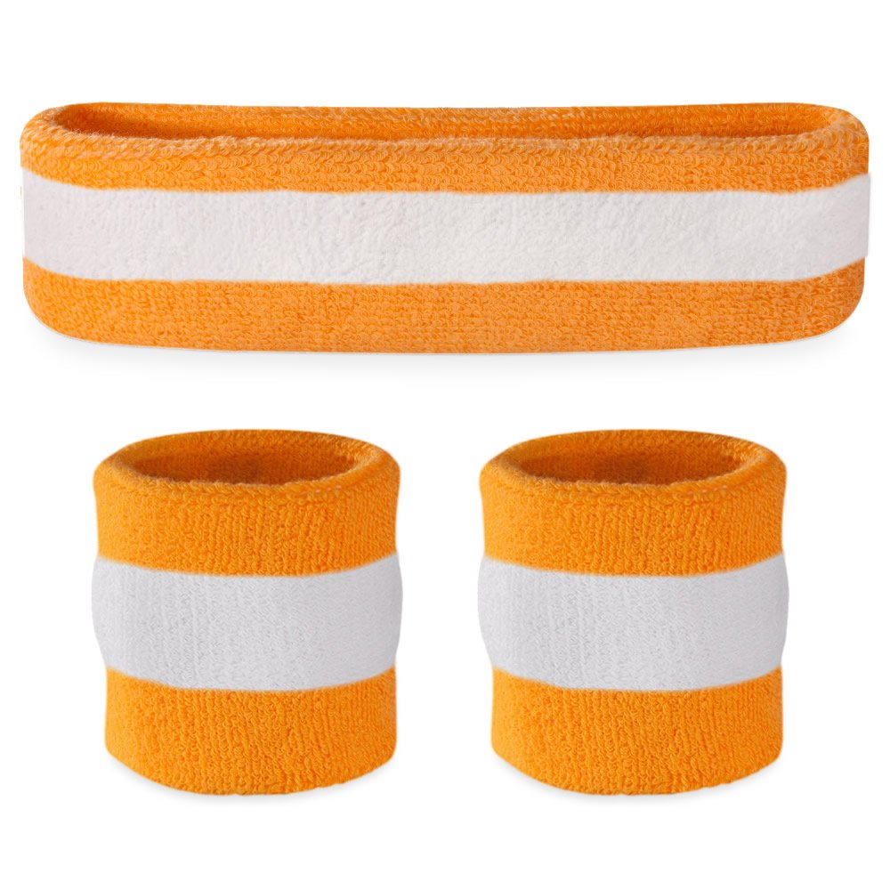 Suddora Striped Sweatband Set, Moisture Wicking 2 Wristbands and 1 Headband, Breathable Athletic Sweat Bands for Sports, Costumes & Cosplay, Matching Bands to Wear with Jersey, Orange White Orange