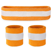 Suddora Striped Sweatband Set, Moisture Wicking 2 Wristbands and 1 Headband, Breathable Athletic Sweat Bands for Sports, Costumes & Cosplay, Matching Bands to Wear with Jersey, Orange White Orange