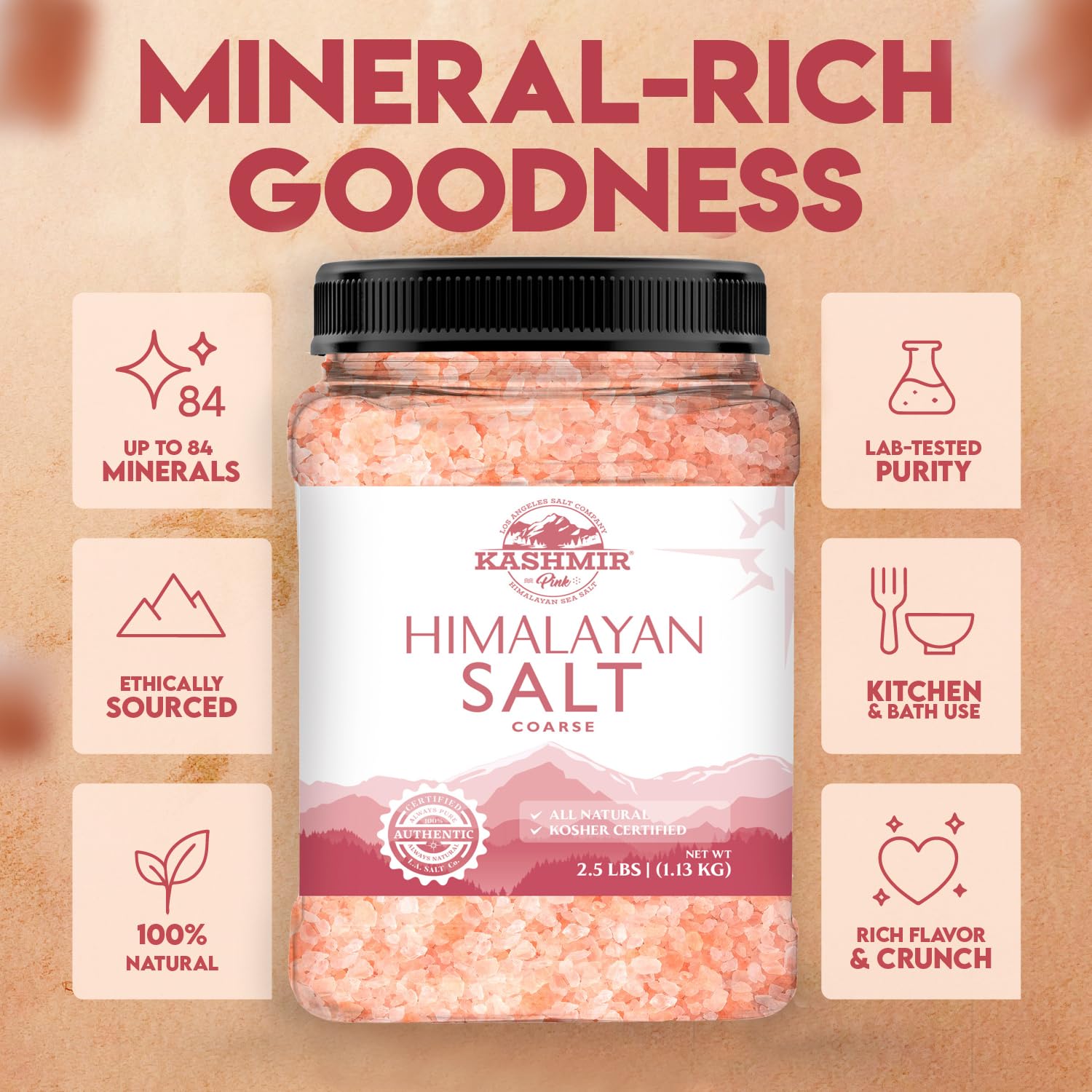 LA SALT CO Kashmir 2.5 Lbs Pink Himalayan Salt Jar, Coarse | 100% Pure, Food Grade with 84 Trace Minerals | Kosher Certified, Vegan, Non-GMO, & Cruelty-Free (Jar Style May Vary)