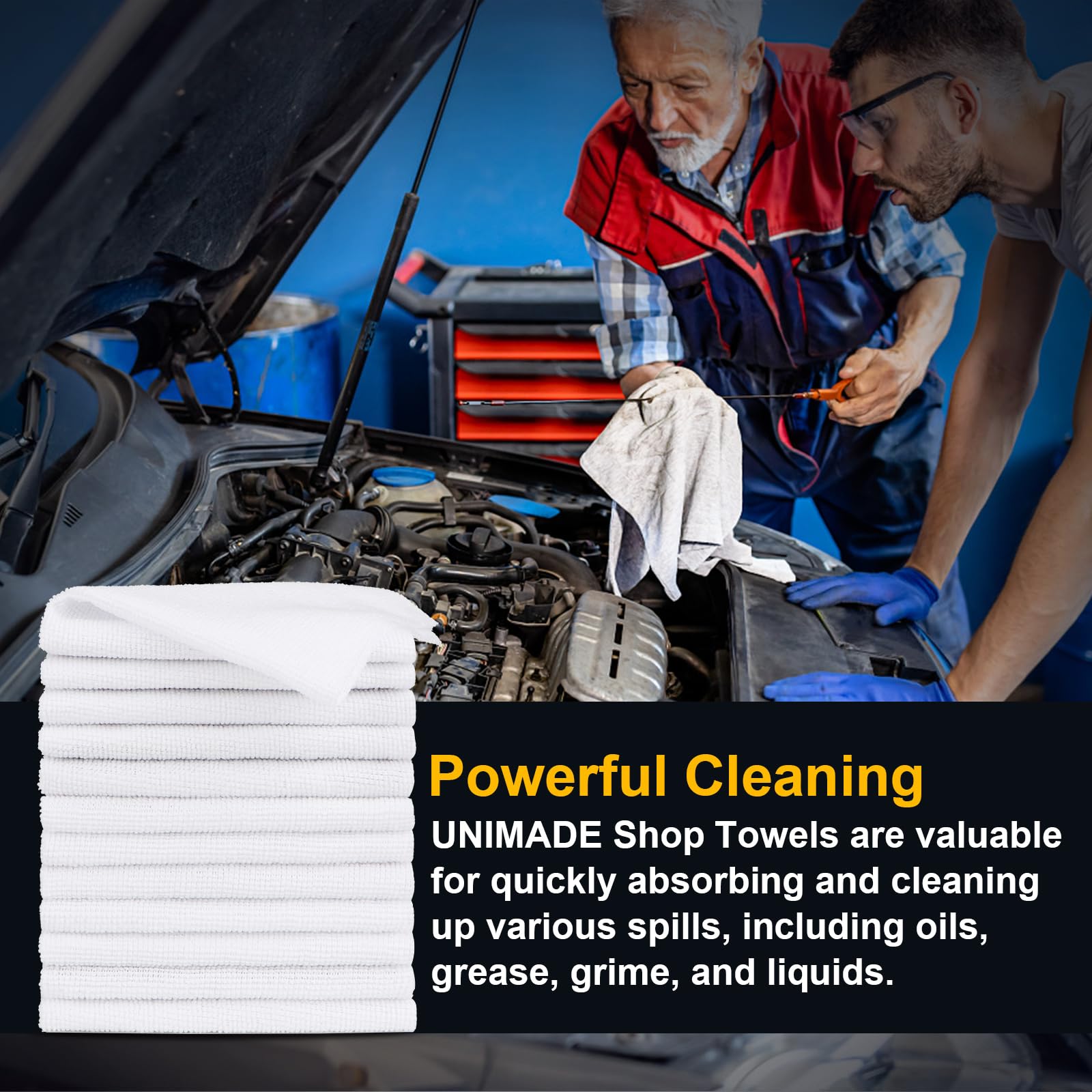 UNIMADE Shop Towels, 100 Pack Commercial Grade Shop Rags Microfiber Towels for Cars Cleaning Rags Bulk Cleaning Cloth for Automotive Bar Mechanic Restaurant Garage Housekeeping, 11.5"x 11.5", White