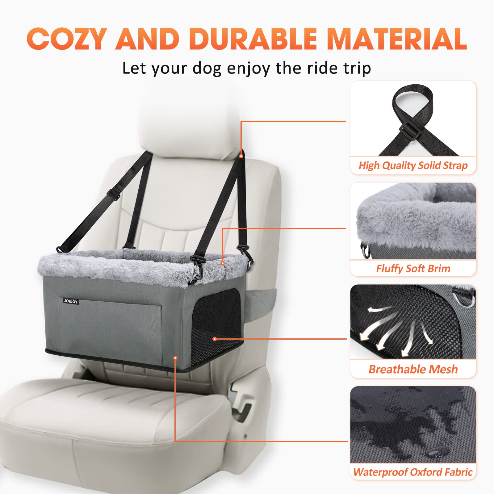 JOEJOY Deluxe Dog Booster Seat with Sturdy Metal Frame and Safety Leash for Small Pets up to 20 lbs - Portable Puppy Dog Car Seat with Thick Cushion and Storage Pockets for Small Dogs