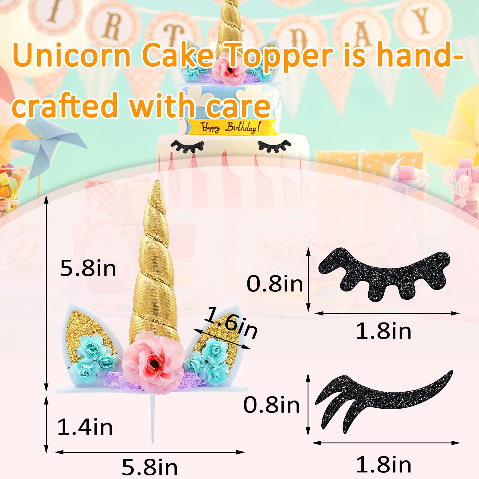 Zkptops Unicorn Cake Topper Birthday Party Supplies Unicorn Birthday Decorations Gold Horn Cake Topper Accessory with Eyelashes Cute Handmade Reusable Cake Toppers for Girls Kids Women 5.8 Inch