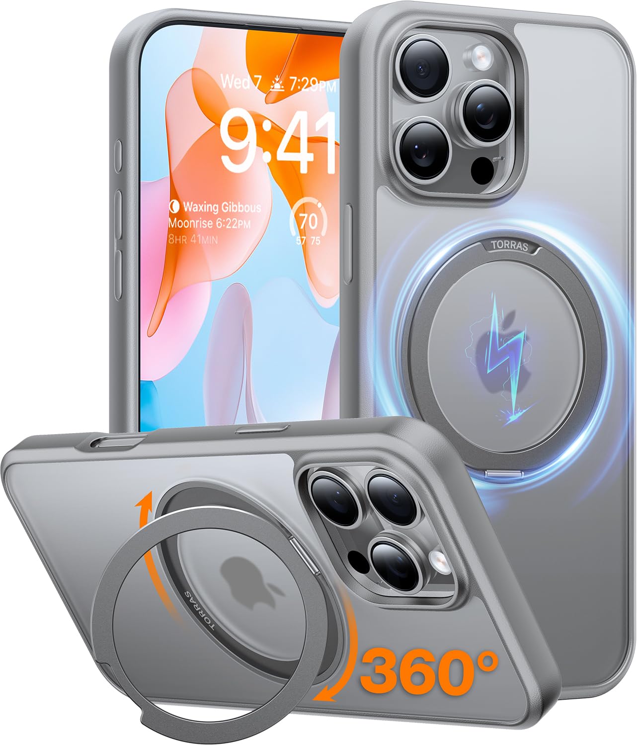 TORRAS Upgraded 360°Rotatable Magnetic Ring for iPhone 16 Pro Max Case, Fit for MagSafe with Stand & Ring Holder, 16FT Mil-Grade Shockproof Translucent for iPhone 16 Pro Max Phone Case Ostand, Black