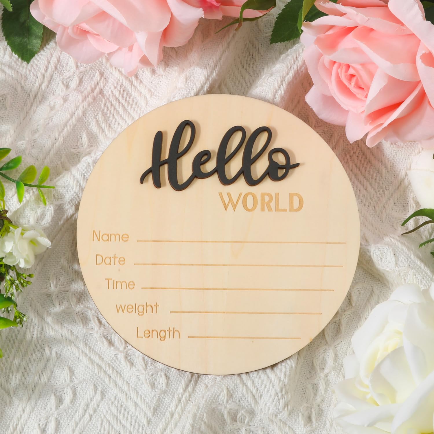 Baby Announcement Sign, 5.9 Inch Wooden Hello World Newborn Welcome Sign Birth Baby Name Plaques for Photo Props Baby Shower Hospital Nursery(Black)