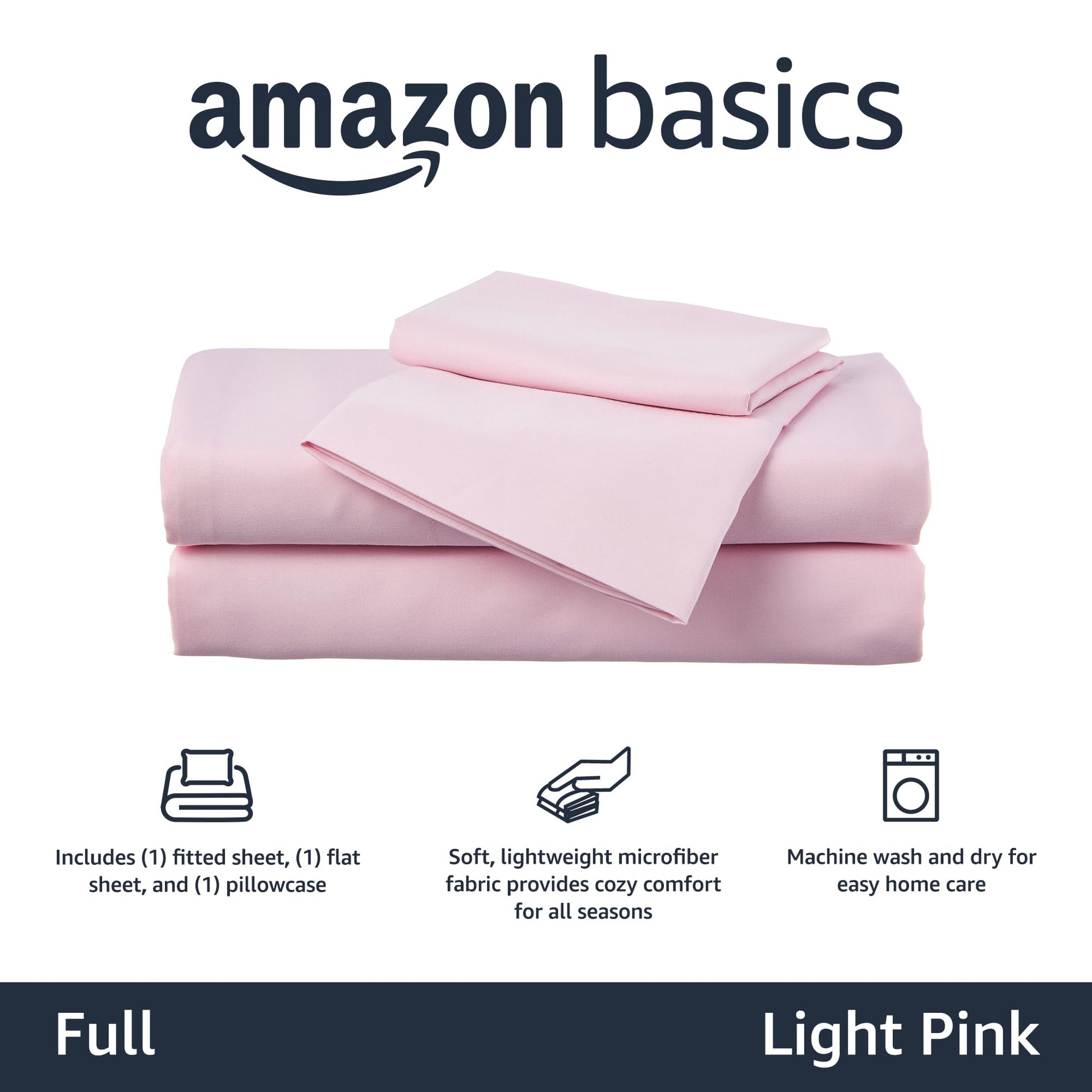 Amazon Basics Kid's Soft Easy-Wash Lightweight Microfiber 4-Piece Sheet Set, Full, Light Pink, Solid