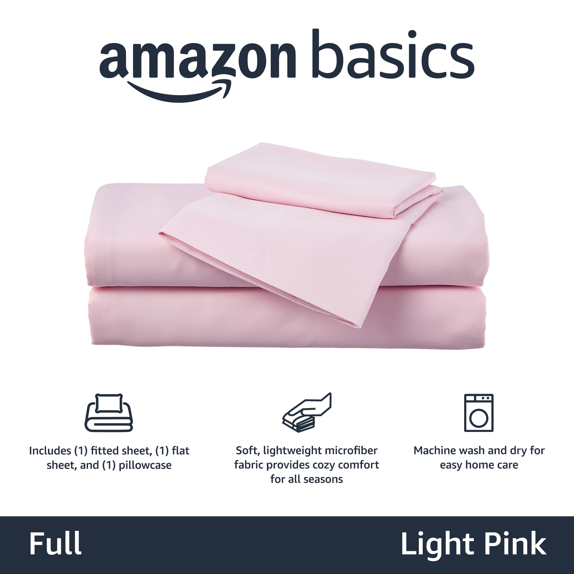 Amazon Basics Kid's Soft Easy-Wash Lightweight Microfiber 4-Piece Sheet Set, Full, Light Pink, Solid