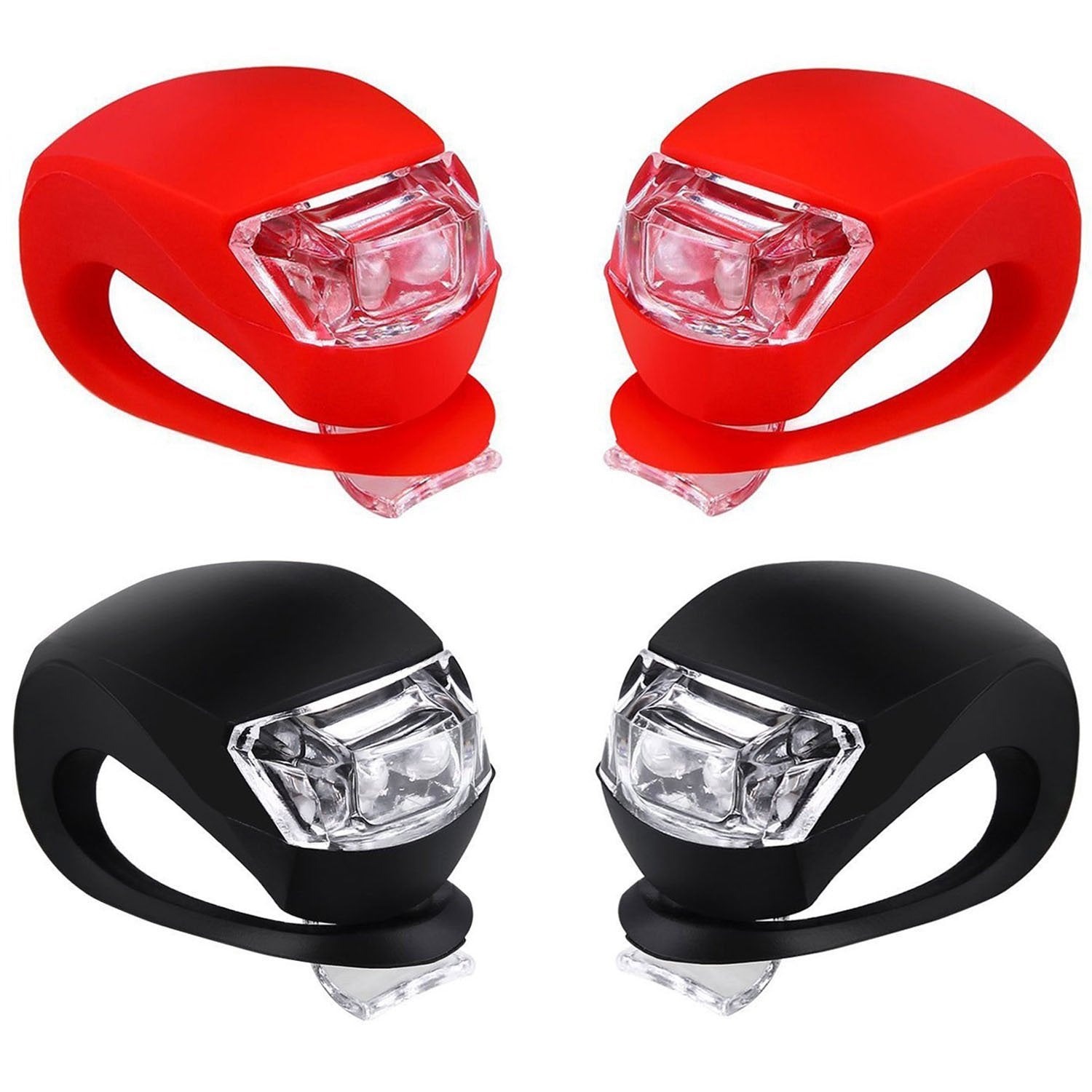 Malker Bicycle Light Front and Rear Silicone LED Bike Light Set - Headlight and Taillight,Waterproof & Safety Road,Mountain Bike Lights,Batteries Included (2pcs Red & 2pcs Black)