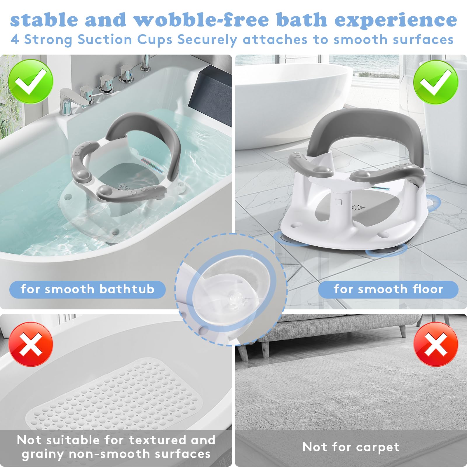 NFSVLB Baby Bath Seat for Babies 6 Months & Up Sitting Up with Temperature Alert+Soft Cushion+Suction Cup,Infant Bath Seat for Baby Bath Chair Toddler Bath seat for Bathtub Tub Shower Grey
