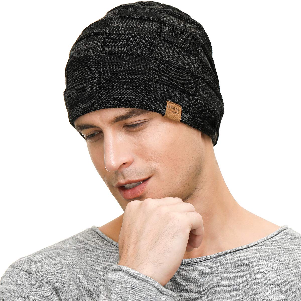 Vgogfly Slouchy Cool Beanie for Men Guys Lined Knit Warm Thick Skully Stocking Binie Winter Hat Black