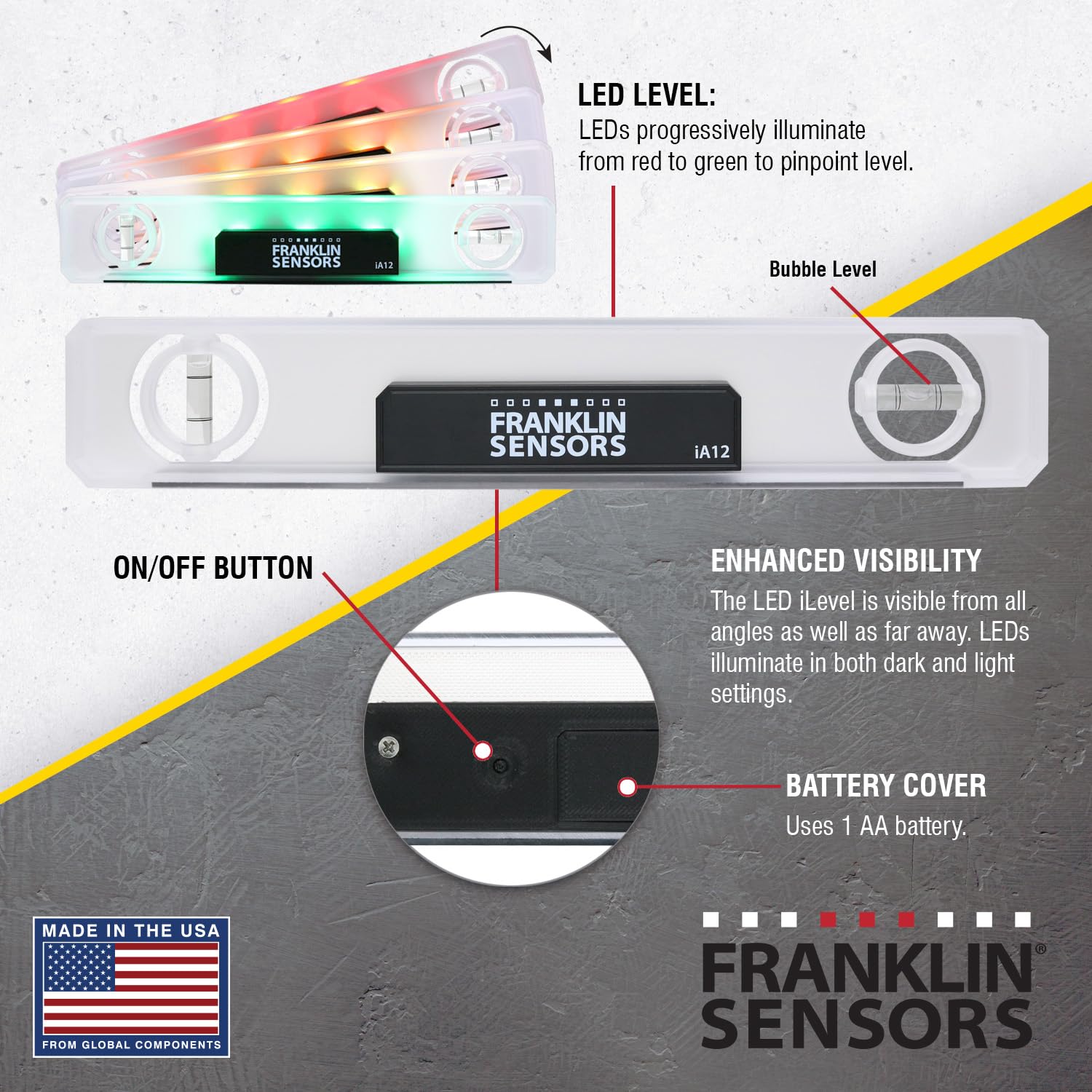 Franklin Sensors Light Level/Digital, Electronic, 12-inch Magnetic Torpedo Level, Vertical and Horizontal Leveler Tool with 2 Bubble Vials