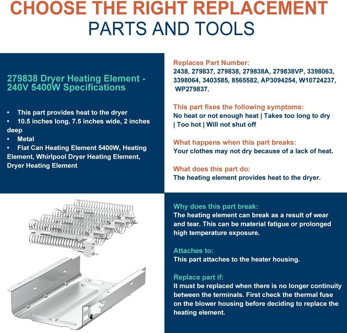 2025 UPGRADE 279838 Dryer Heating Element for Whirlpool Kenmore Roper Maytag Amana Admiral Dryer Heating Element Part Thermostat Thermal Fuse medx655dw1 500 600 70 80 Series Model 110 Dryer Part